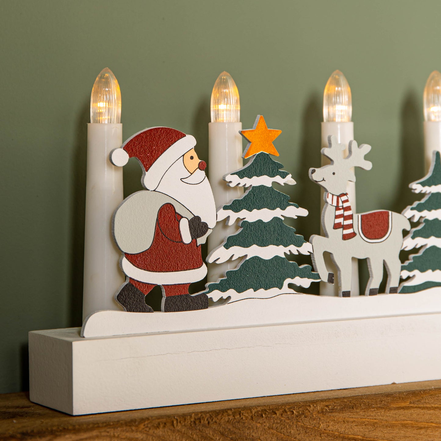 28cm Battery Operated Light up White Wooden Christmas Candle Bridge with Santa Scene and 5 LEDs