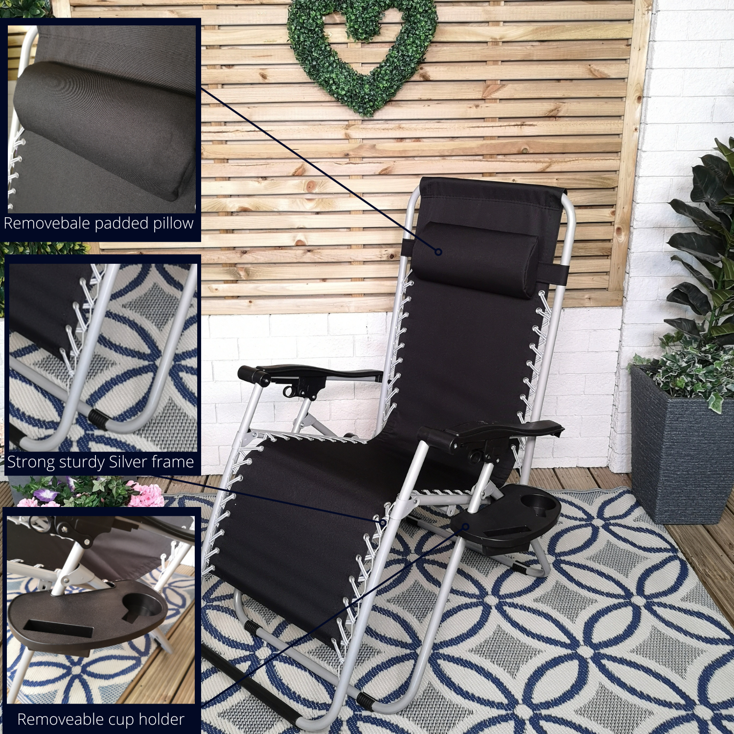 Multi Position Garden Zero Gravity Relaxer Chair Sun Lounger in Black & Silver