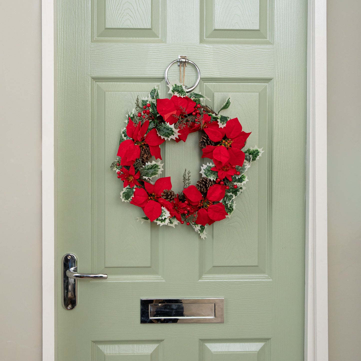 40cm Red Hanging Christmas Poinsettia Wreath with Berries and Pinecones