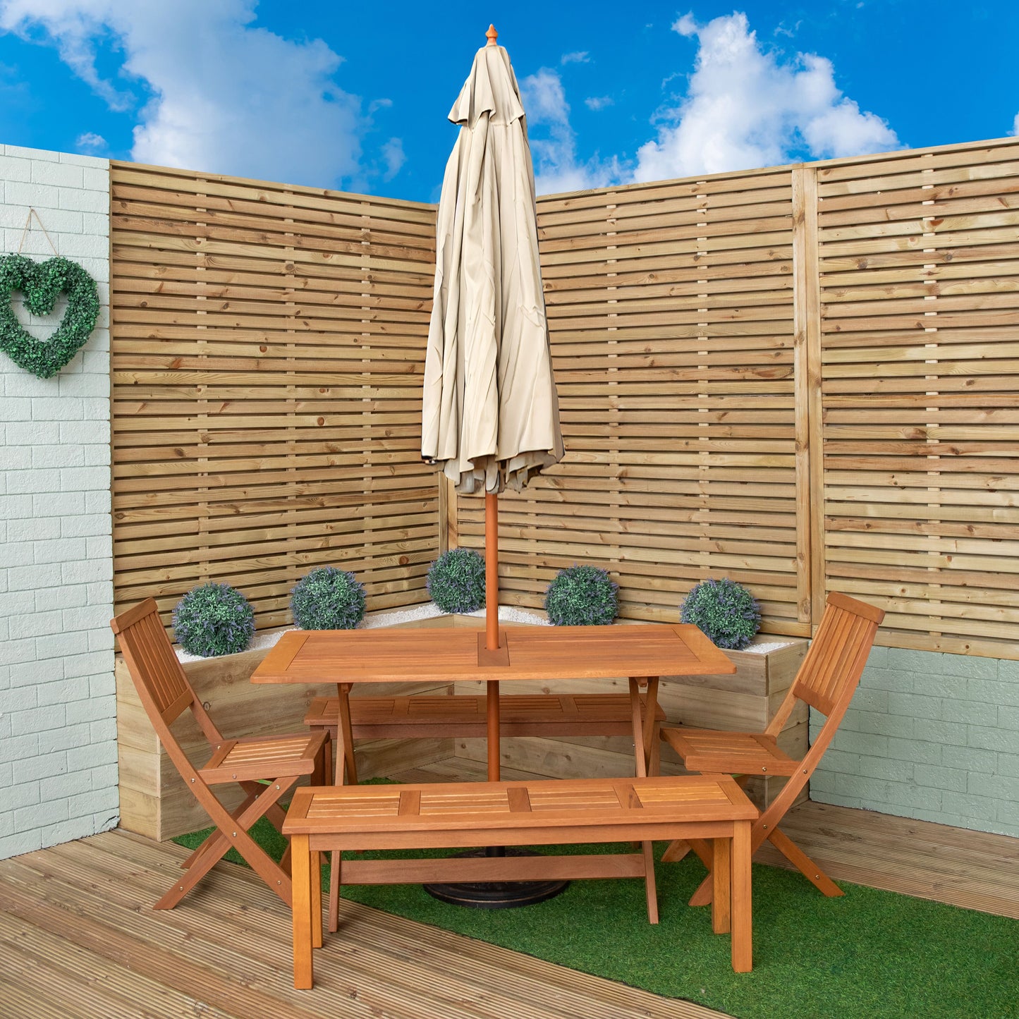 Outdoor 6 Person Rectangular Wooden Garden Dining Table, 2 Benches, Chairs with Cream Parasol and Base Set