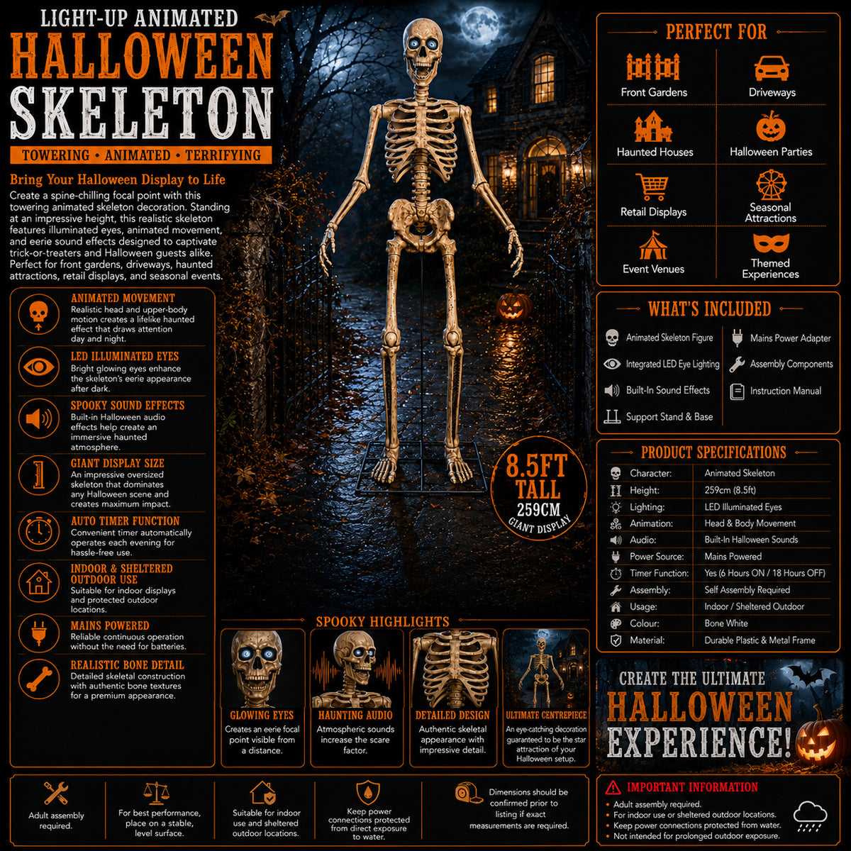 GIANT 8ft (240cm) Standing Indoor Outdoor Animatronic Halloween Skeleton Decoration