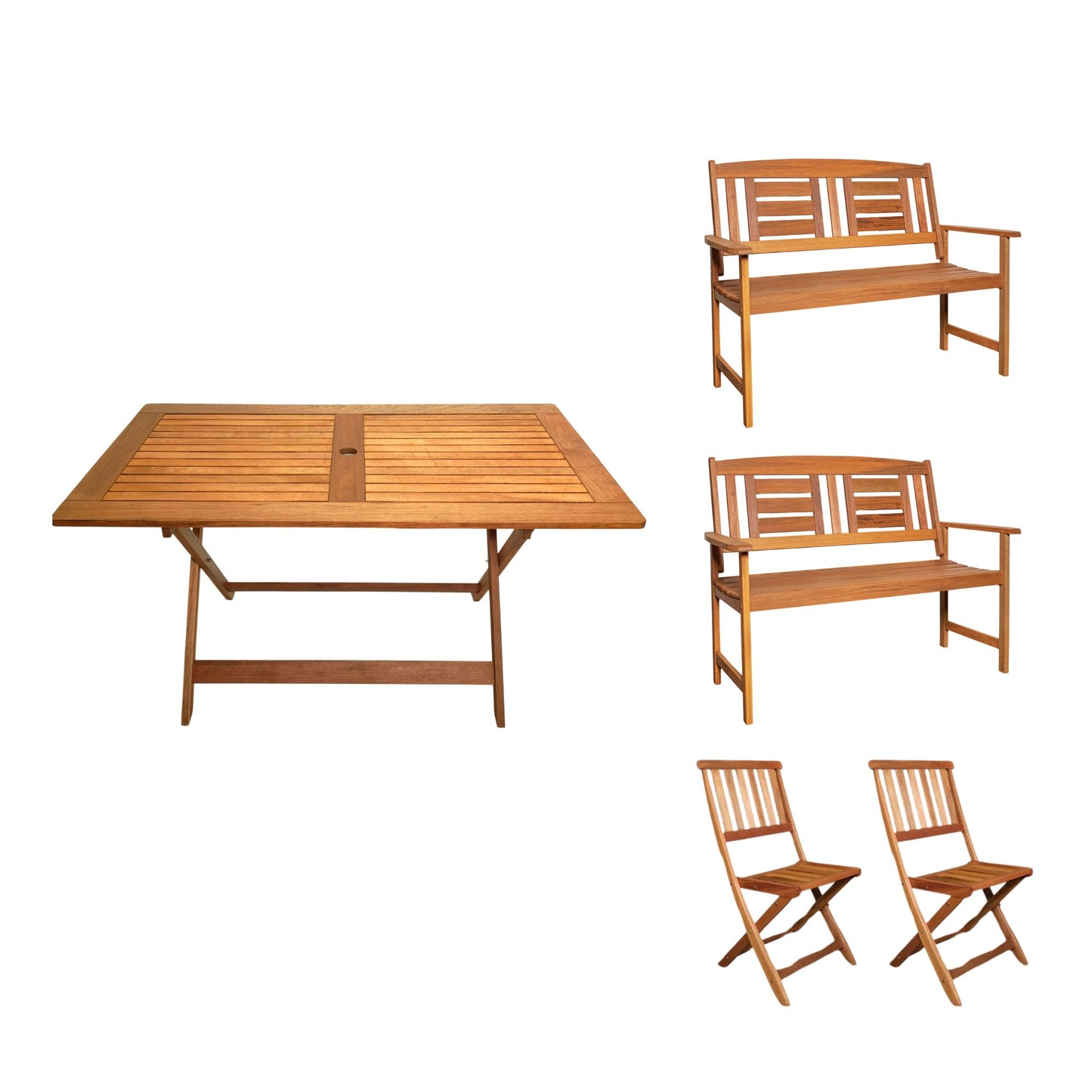 Outdoor 6 Person Folding Rectangular Wooden Garden Dining Table Chairs and 2 Benches Set