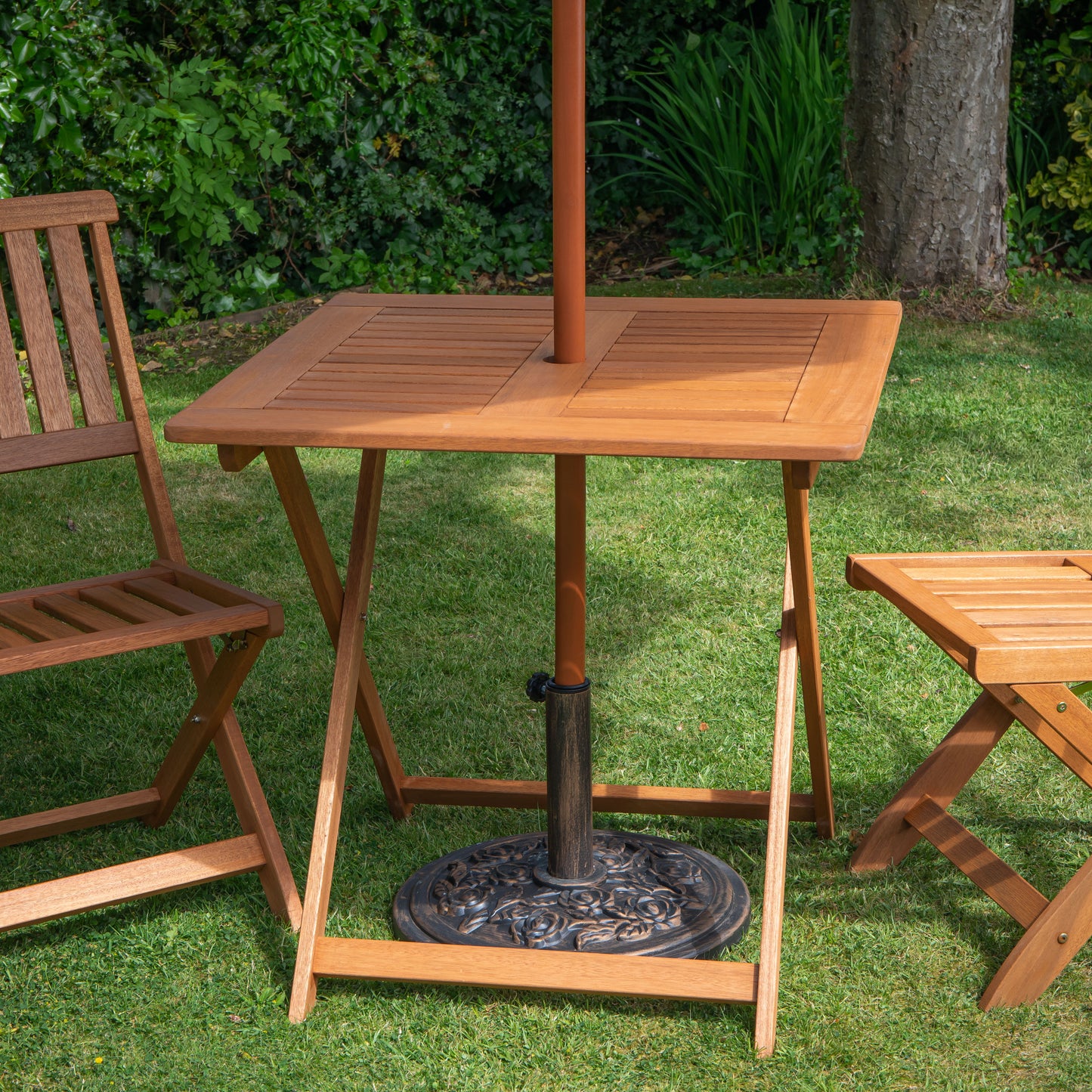 Outdoor 2 Person Folding Square Wooden Garden Dining Table Chairs Green Parasol and Base Set