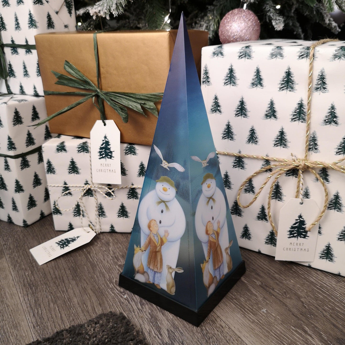 35cm Battery Operated Laser Pyramid Christmas Decoration - The Snowman and Friends