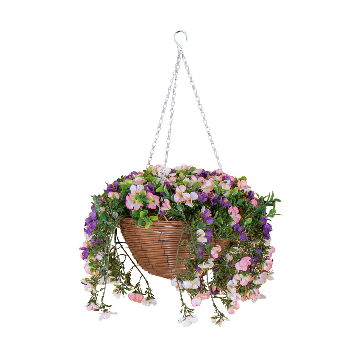 Large Outdoor Artificial Hanging Flower Basket with Petunias and Removable Chain