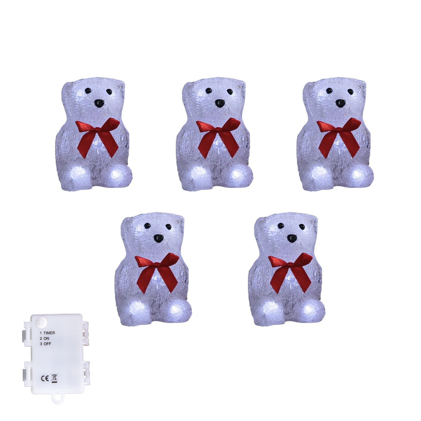 12cm Set of 5 Battery Operated Light up Christmas Polar Bears Ornaments with 40 Cool White LEDs