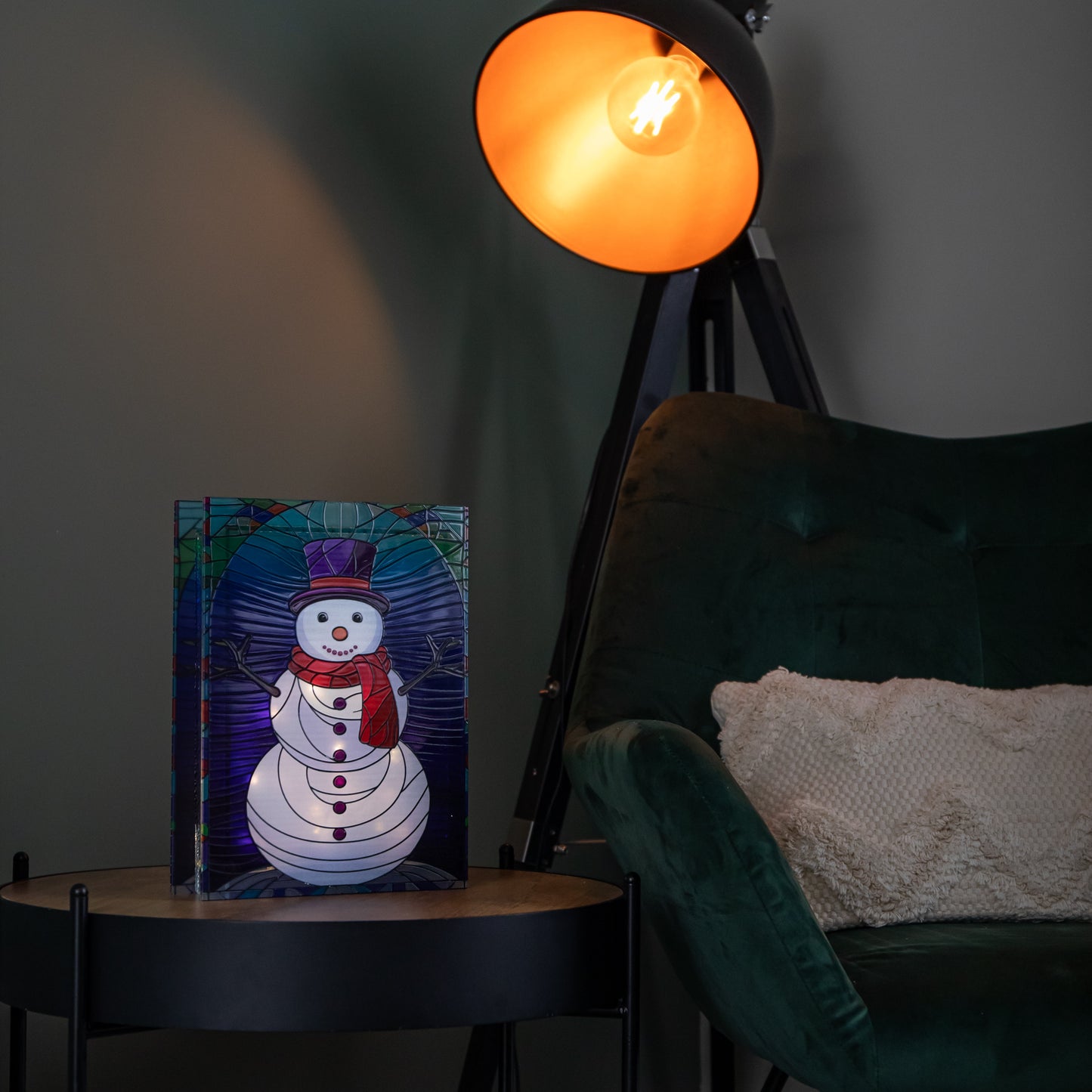28cm Battery Operated Light up Double Sided Stained Glass Snowman Decoration with LEDs