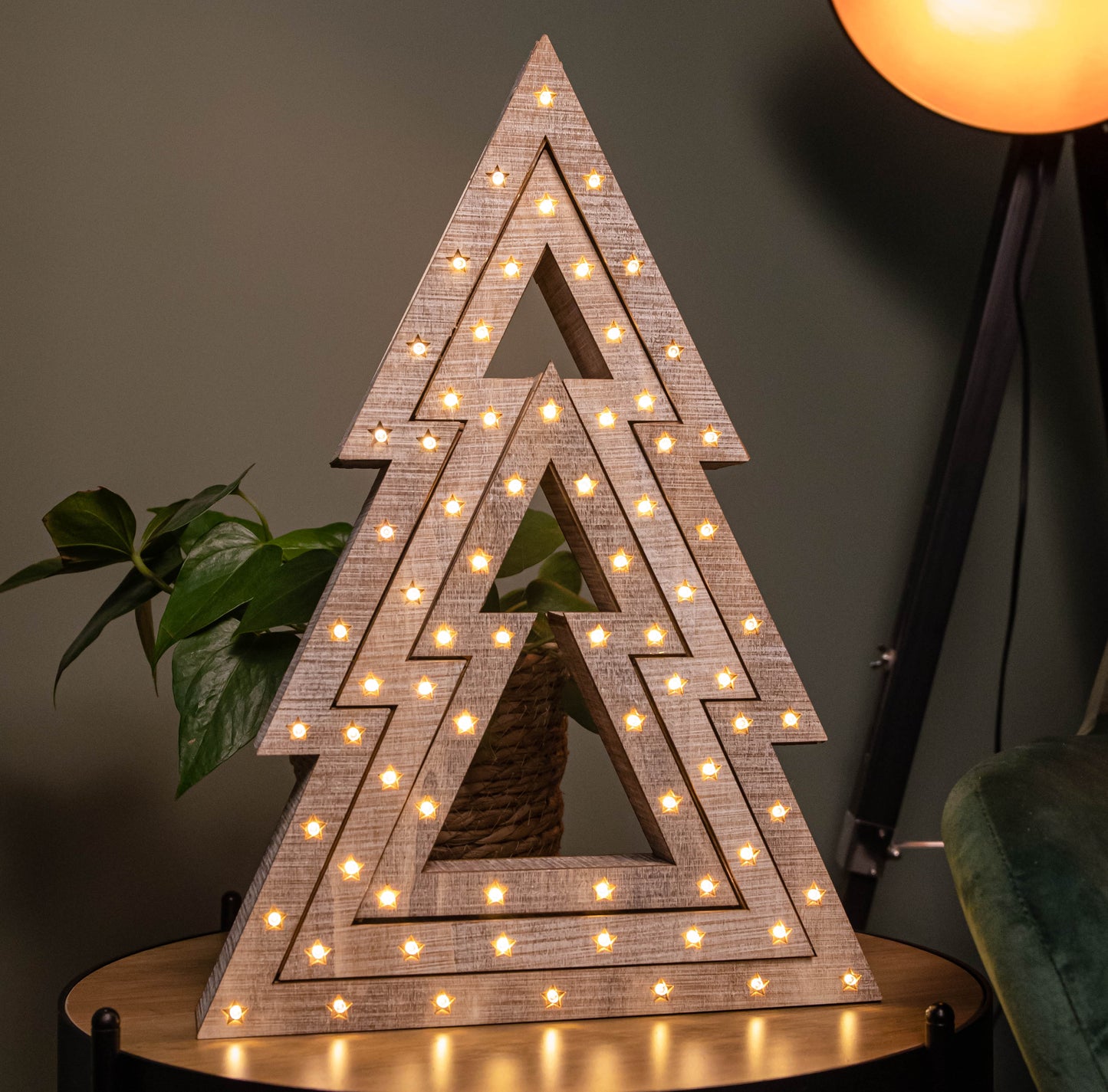 Set of 3 Battery Operated Light up Wooden Christmas Trees with Warm White LEDs