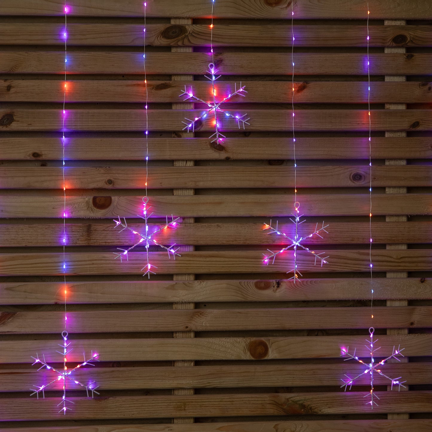 1.2m Premier Christmas Static Snowflake LED Silver Pin Wire V Curtain Lights in Rainbow