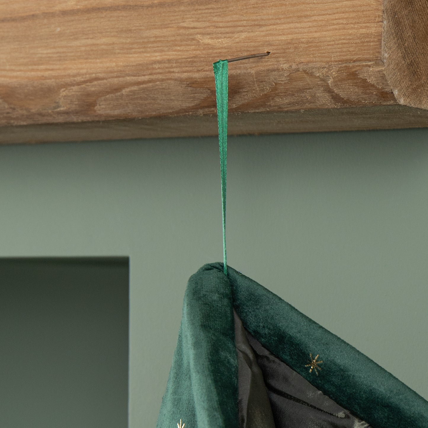 70cm Hanging Dark Green Velour Star Print Christmas Stocking with Pom Poms