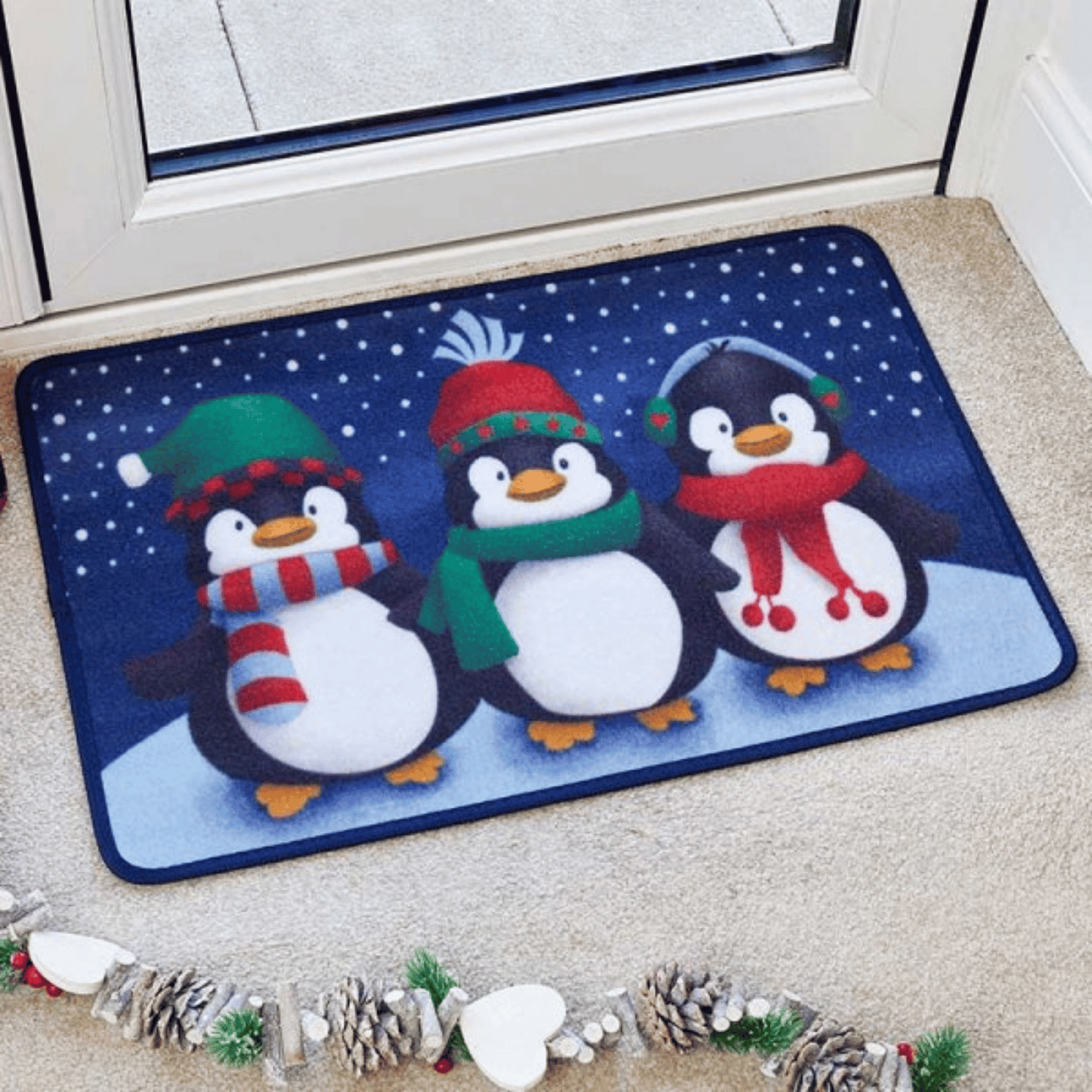 60cm x 40cm Frosty Penguins Fabric Christmas Doormat