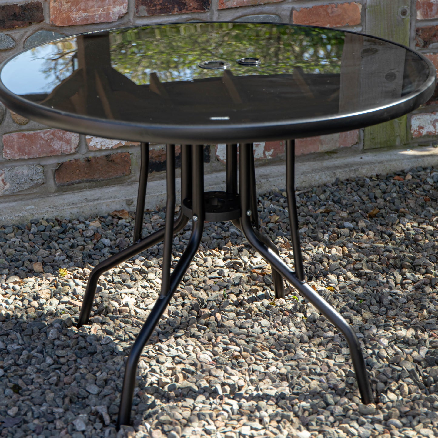 4 Person Round Black Garden Table with Glass Top & Parasol Hole