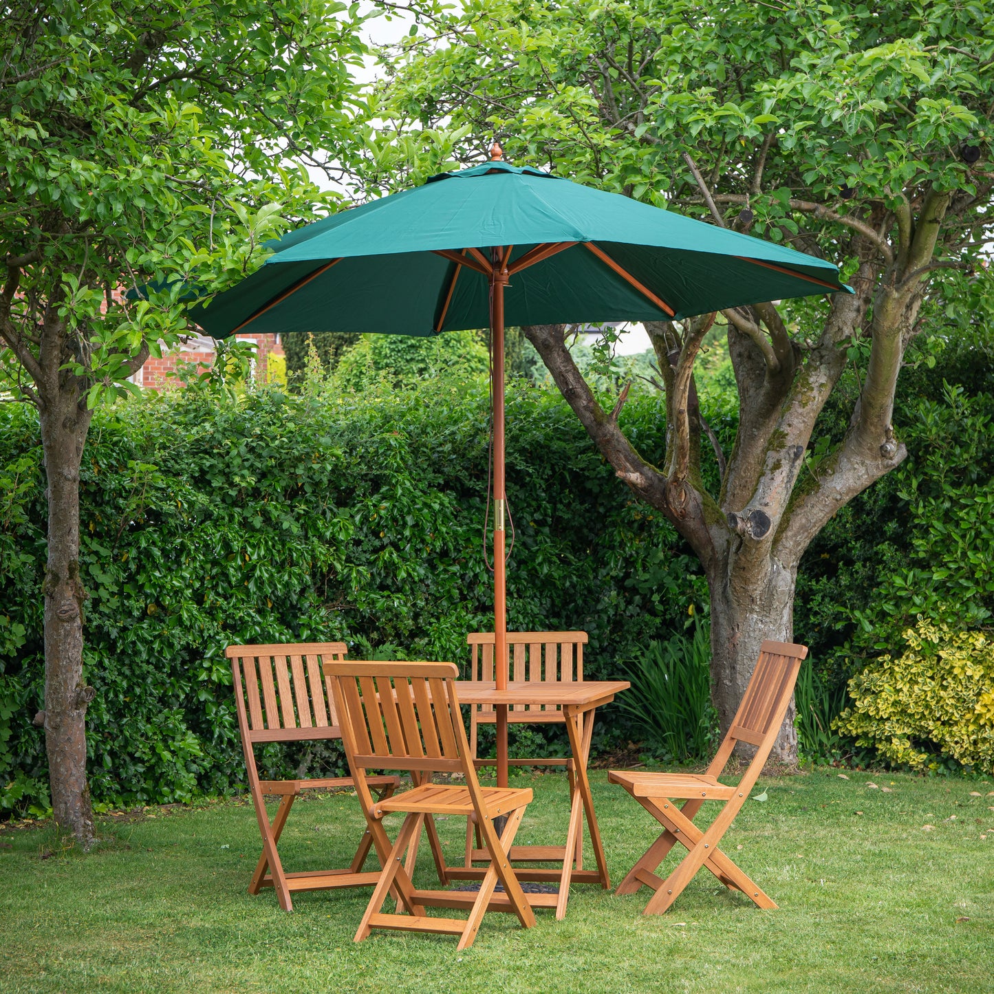 Outdoor 4 Person Folding Square Wooden Garden Dining Table Chairs Green Parasol and Base Set