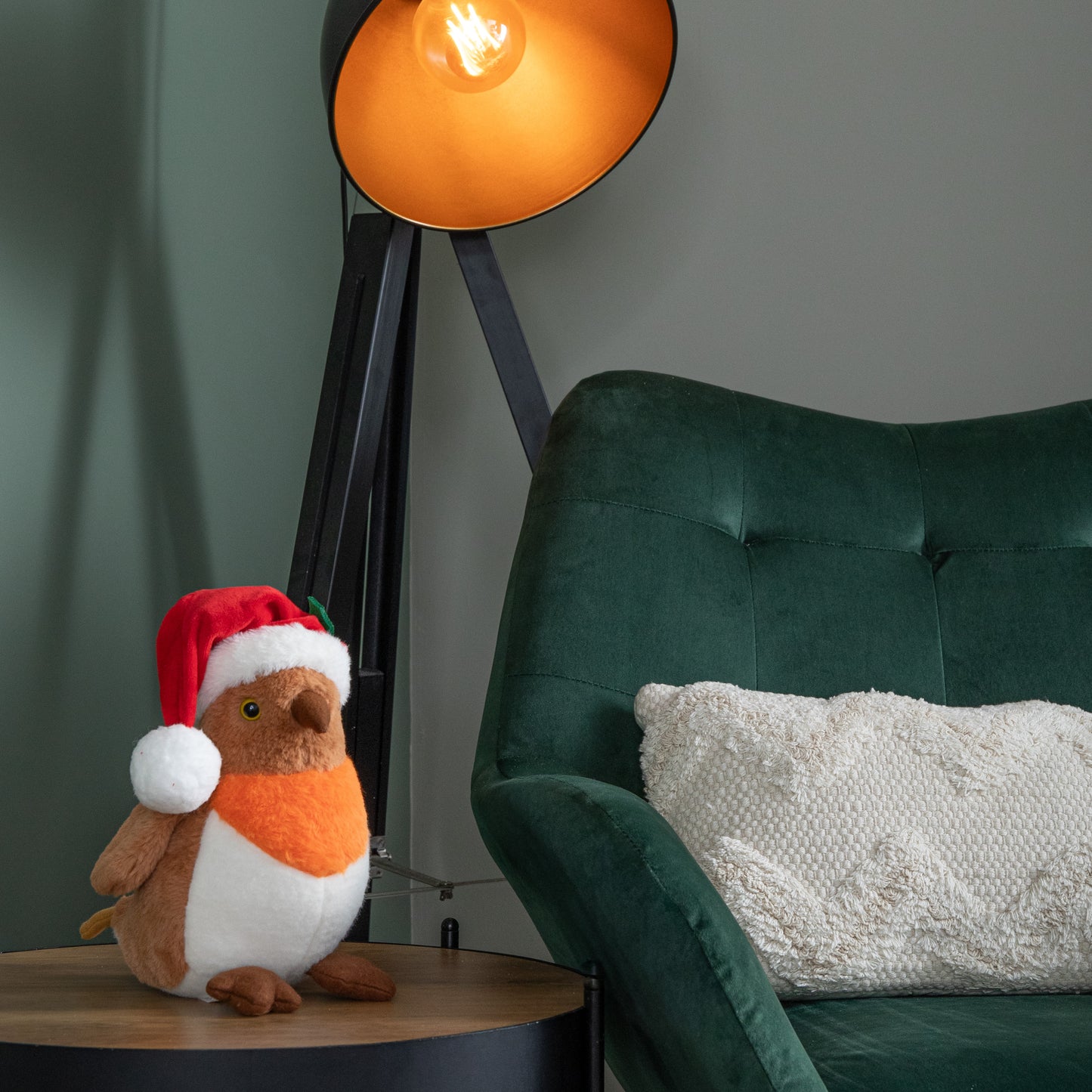 23cm Plush Christmas Robin Decoration with Santa Hat
