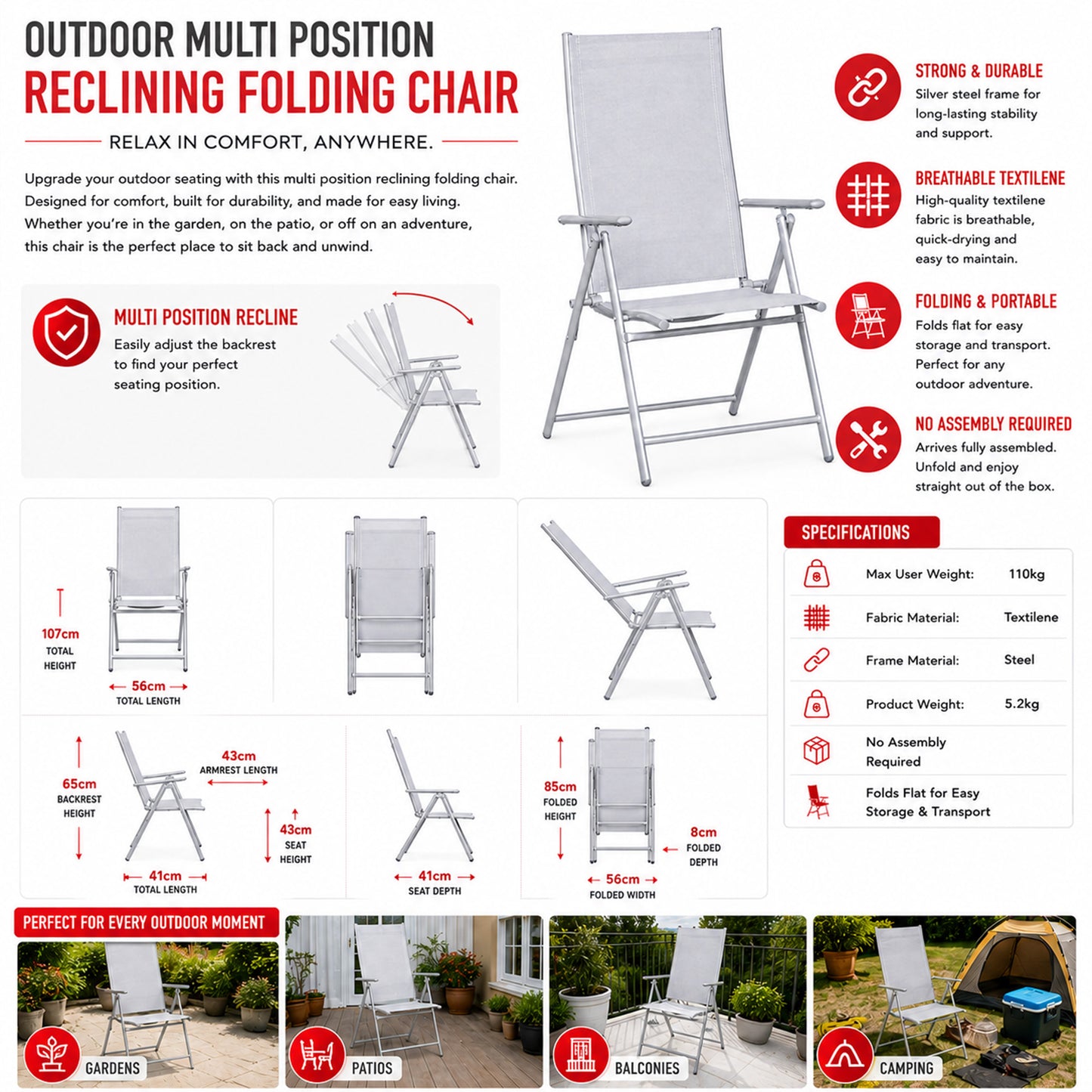 Outdoor Garden Patio Multi Position Reclining Folding Chair in Grey