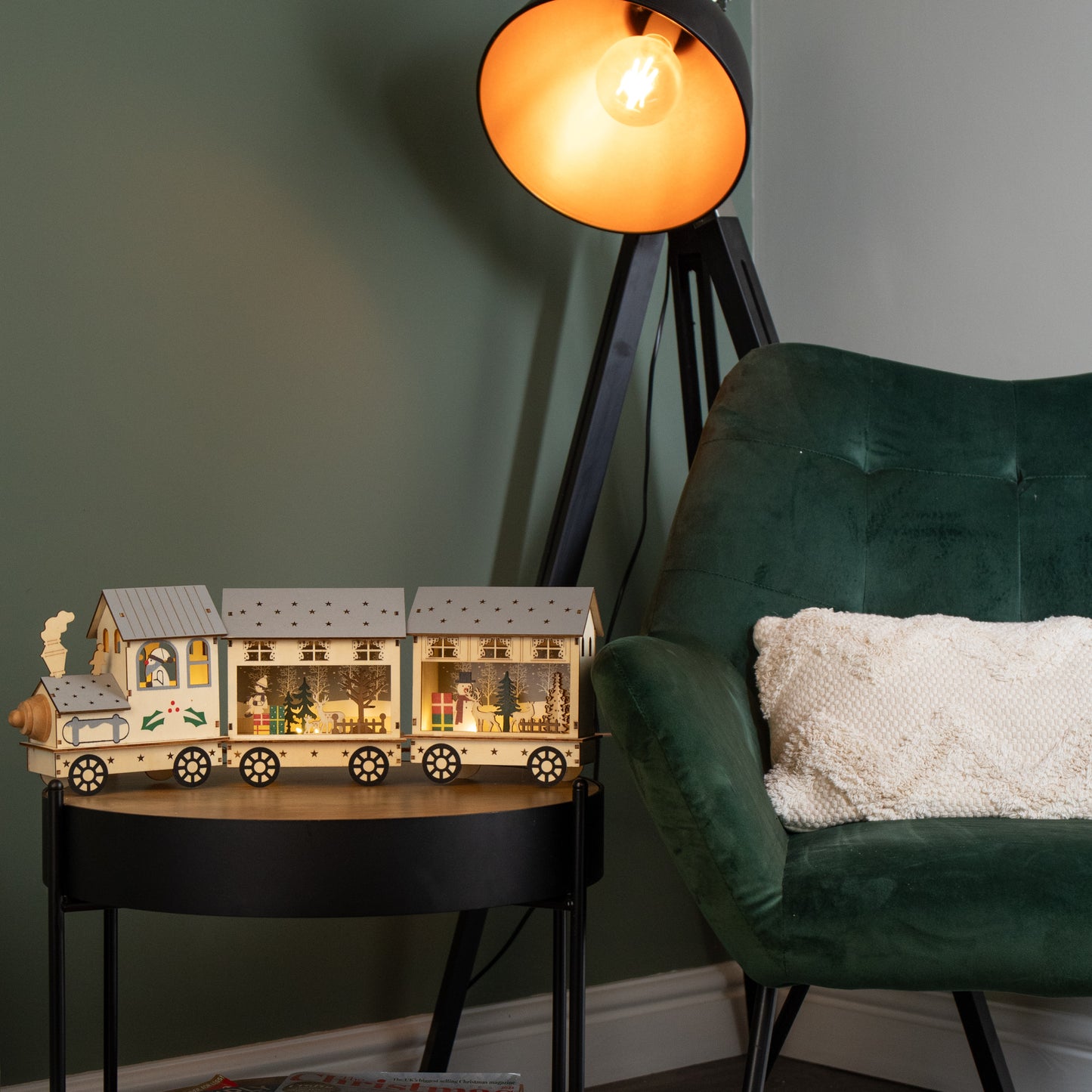 16cm LED Battery Operated Indoor Wooden Christmas Train & Carriages Scene