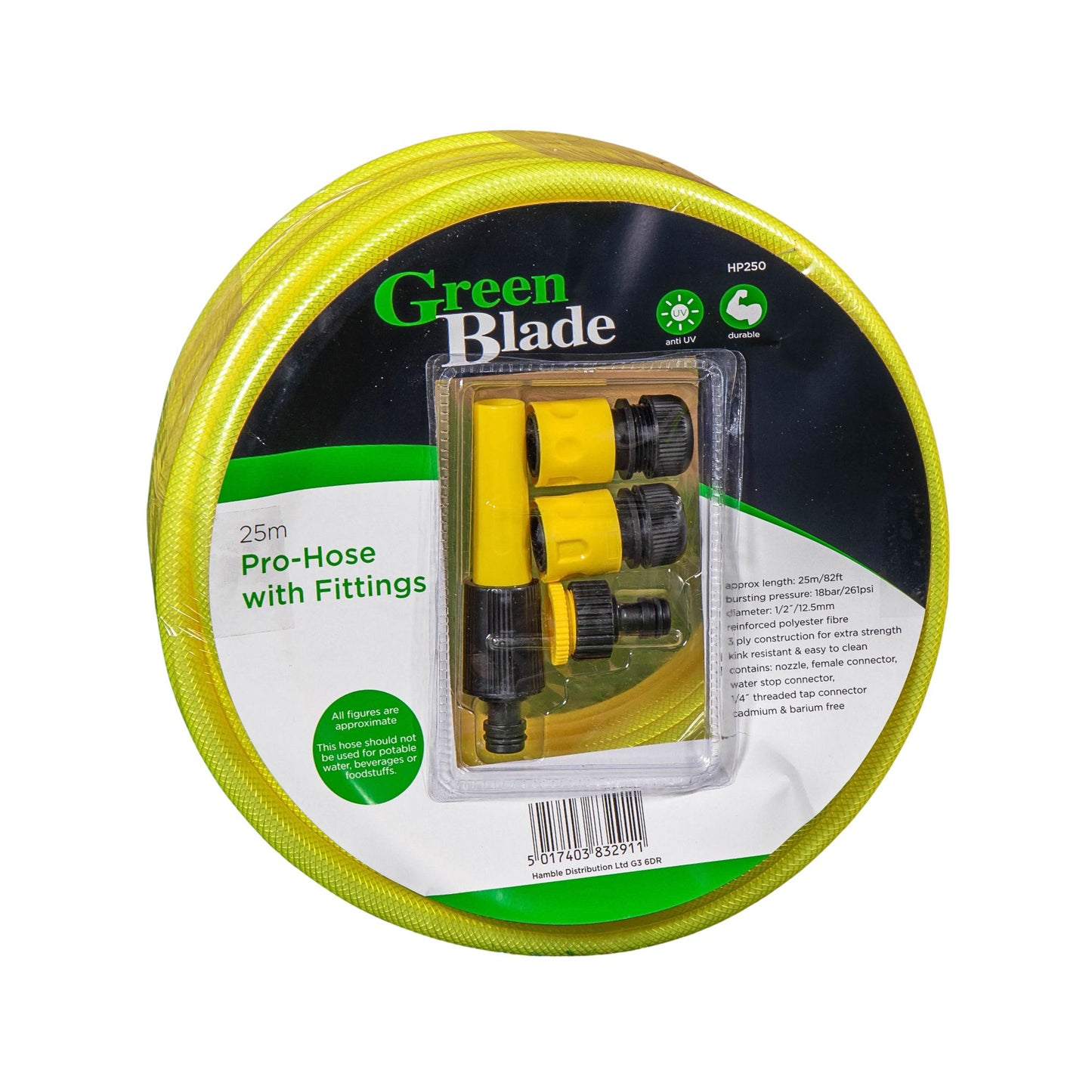 25m Yellow Reinforced Kink Resistant Garden Hose Pipe with Connectors