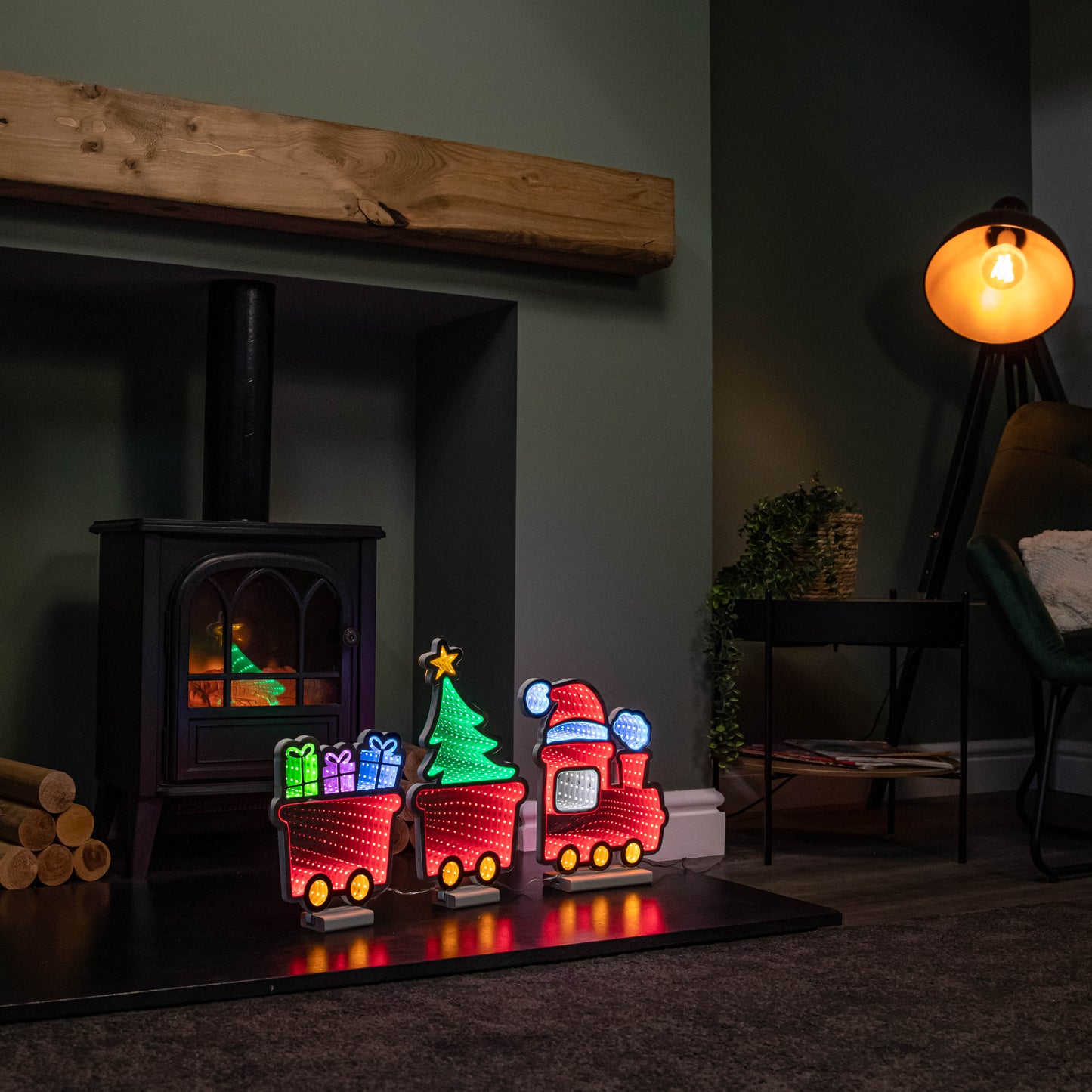 70cm Infinity Christmas Train with 2 Carriages on Wood Base and Multi-Coloured LEDs
