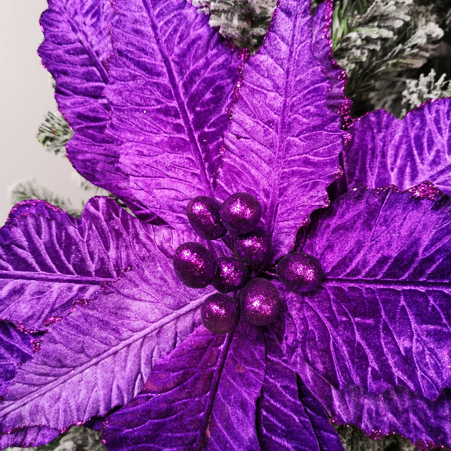 76cm Purple Velvet Poinsettia Stem with Glitter Christmas Decoration