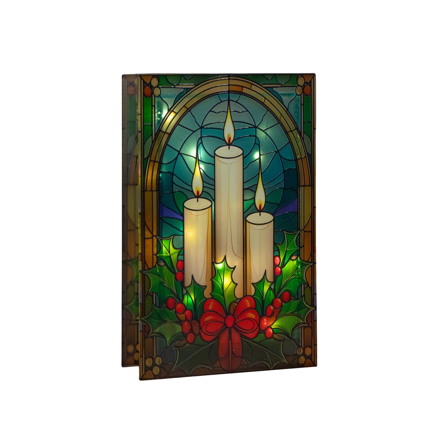 21cm Battery Operated Light up Stained Glass Christmas Decoration with Candles & Holly with Warm White LEDs
