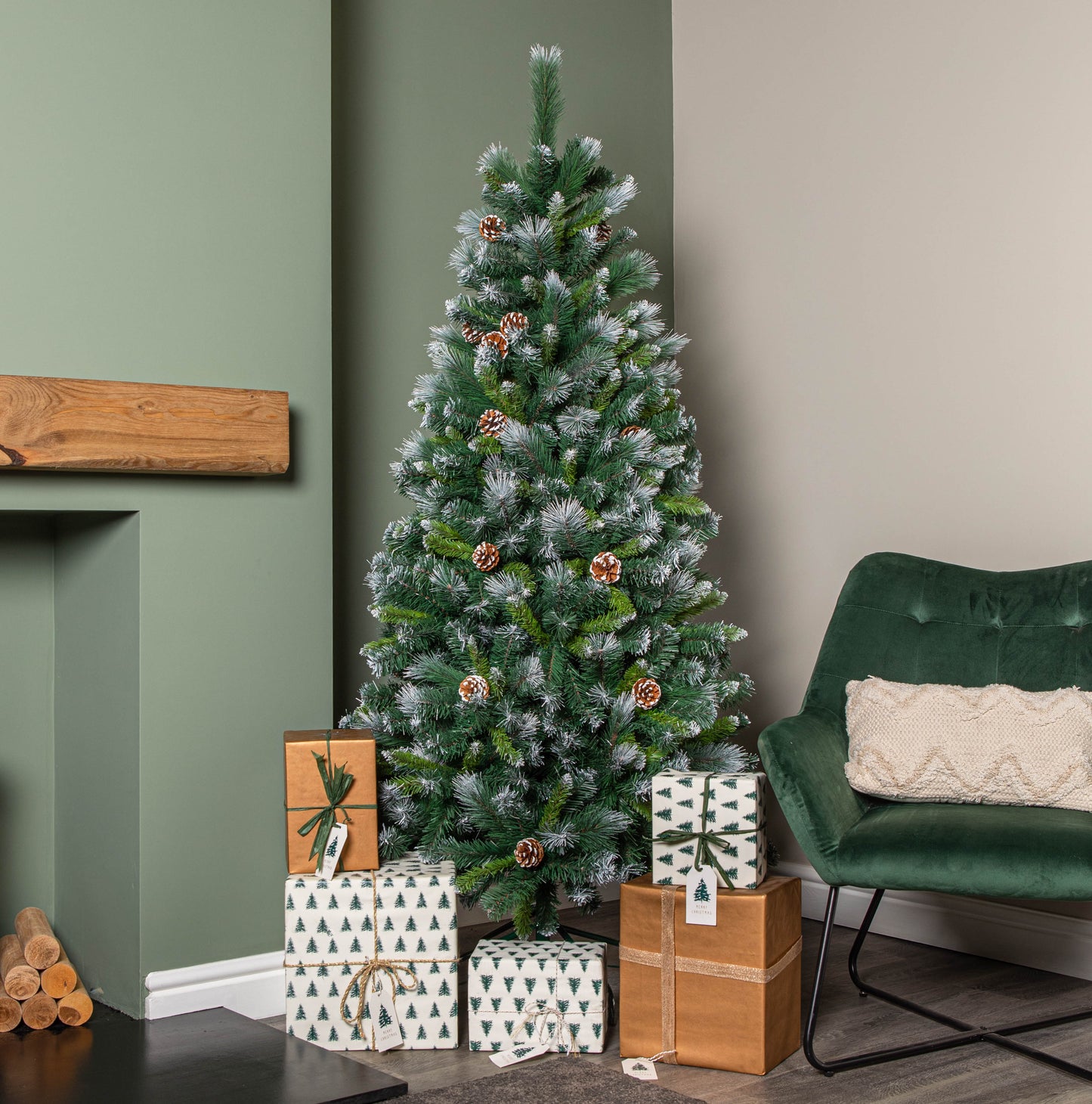 6ft (1.8m) Frosted Glacier Pine Snow Tipped Christmas Tree with Pine Cones and 710 Tips