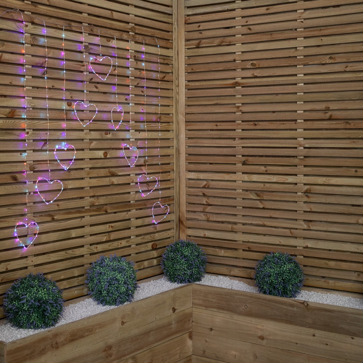 1.2m Premier Christmas Static Heart LED Silver Pin Wire V Curtain Lights in Rainbow
