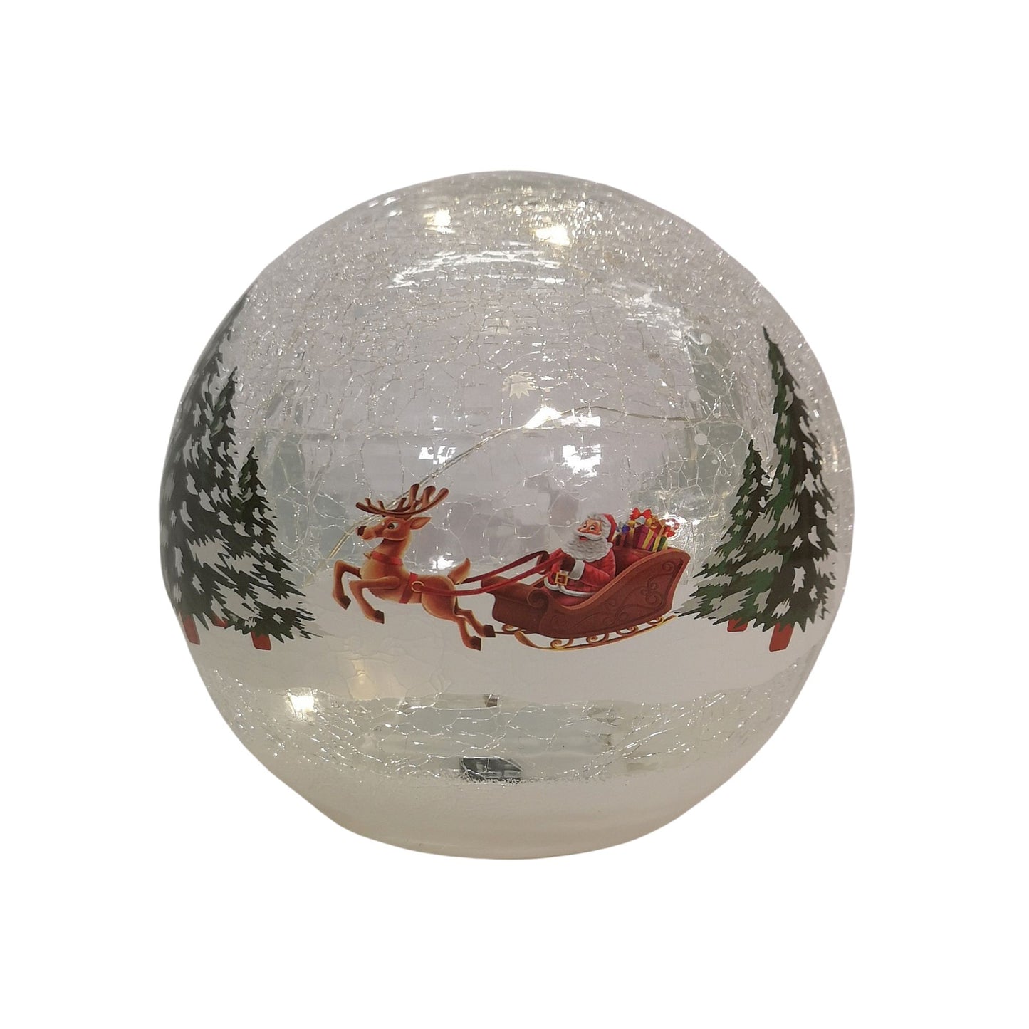 15cm Battery Operated Warm White LED Crackle Effect Ball Christmas Decoration with Reindeer and Sleigh