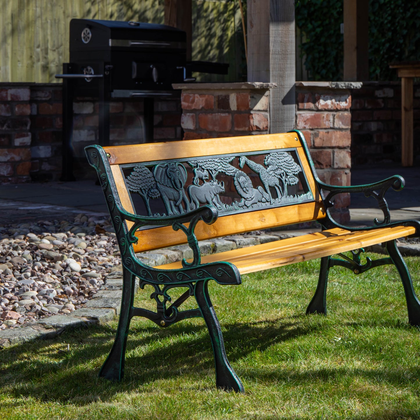 Kids 2 Seater Wooden & Cast Iron Garden Patio Childrens Bench with Animal Design