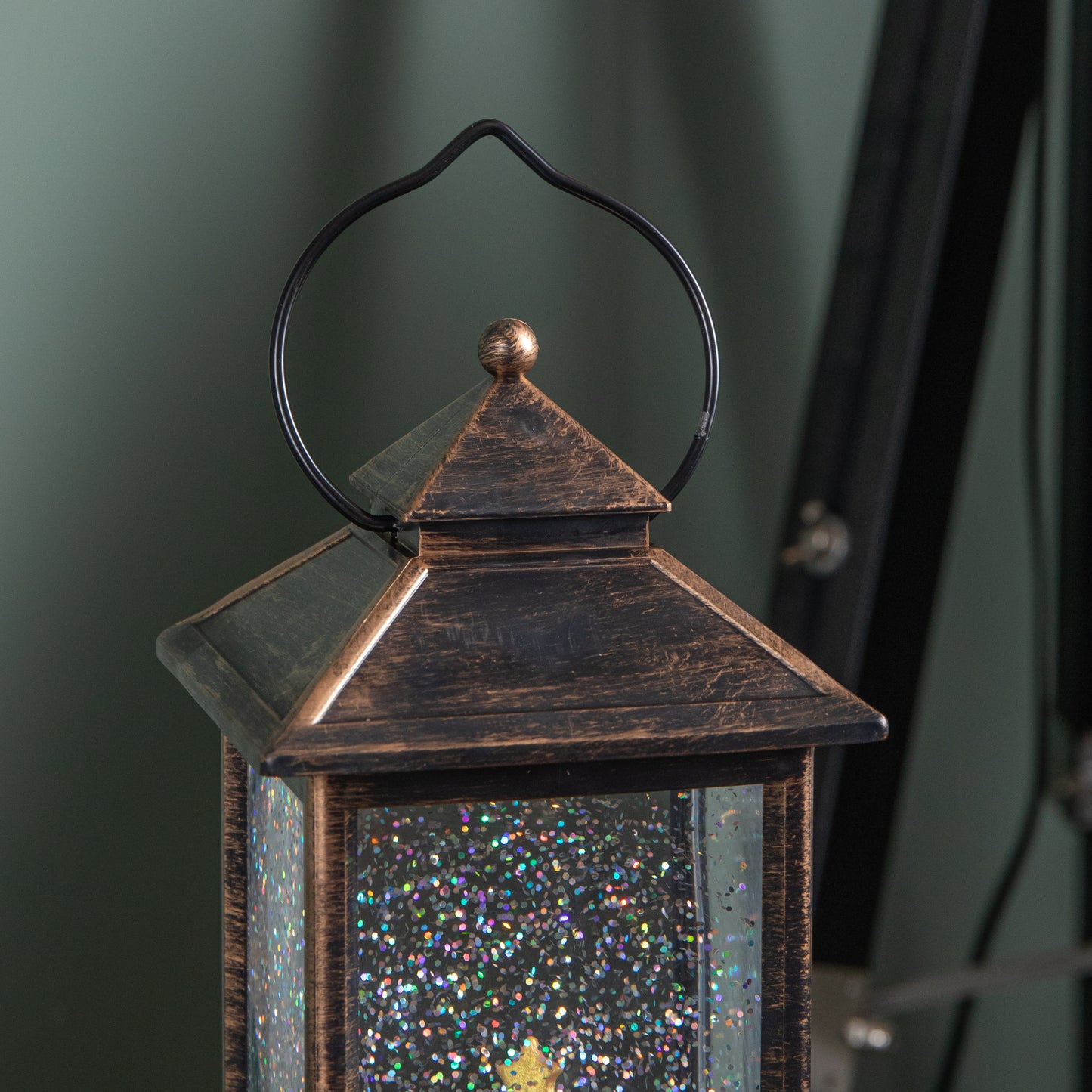 28cm Battery Powered Light up Antique Lantern Christmas Water Spinner with Snowy Gonk Scene
