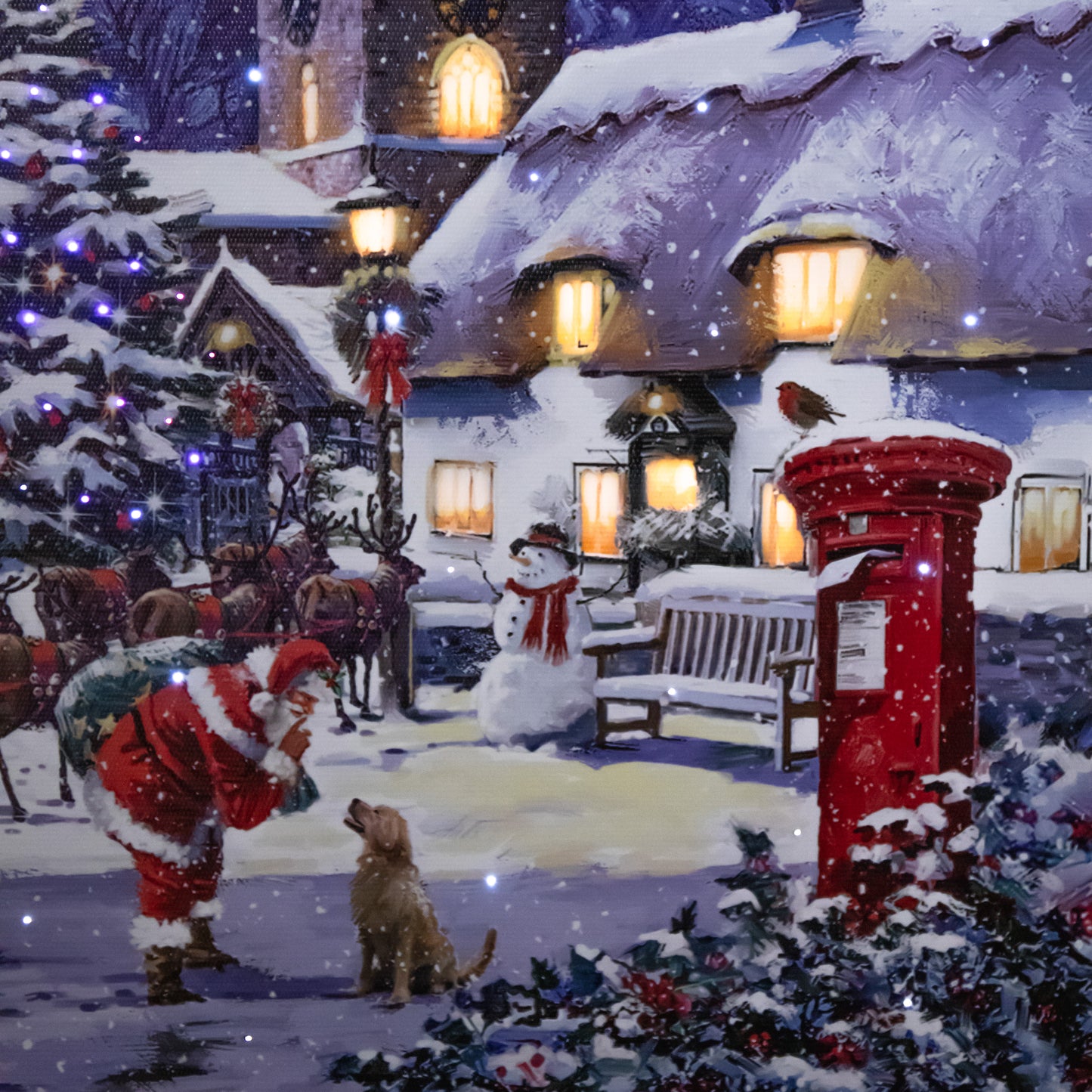 40 x 30cm Battery Operated Light up Fibre Optic Santa and Village Christmas Wall Canvas