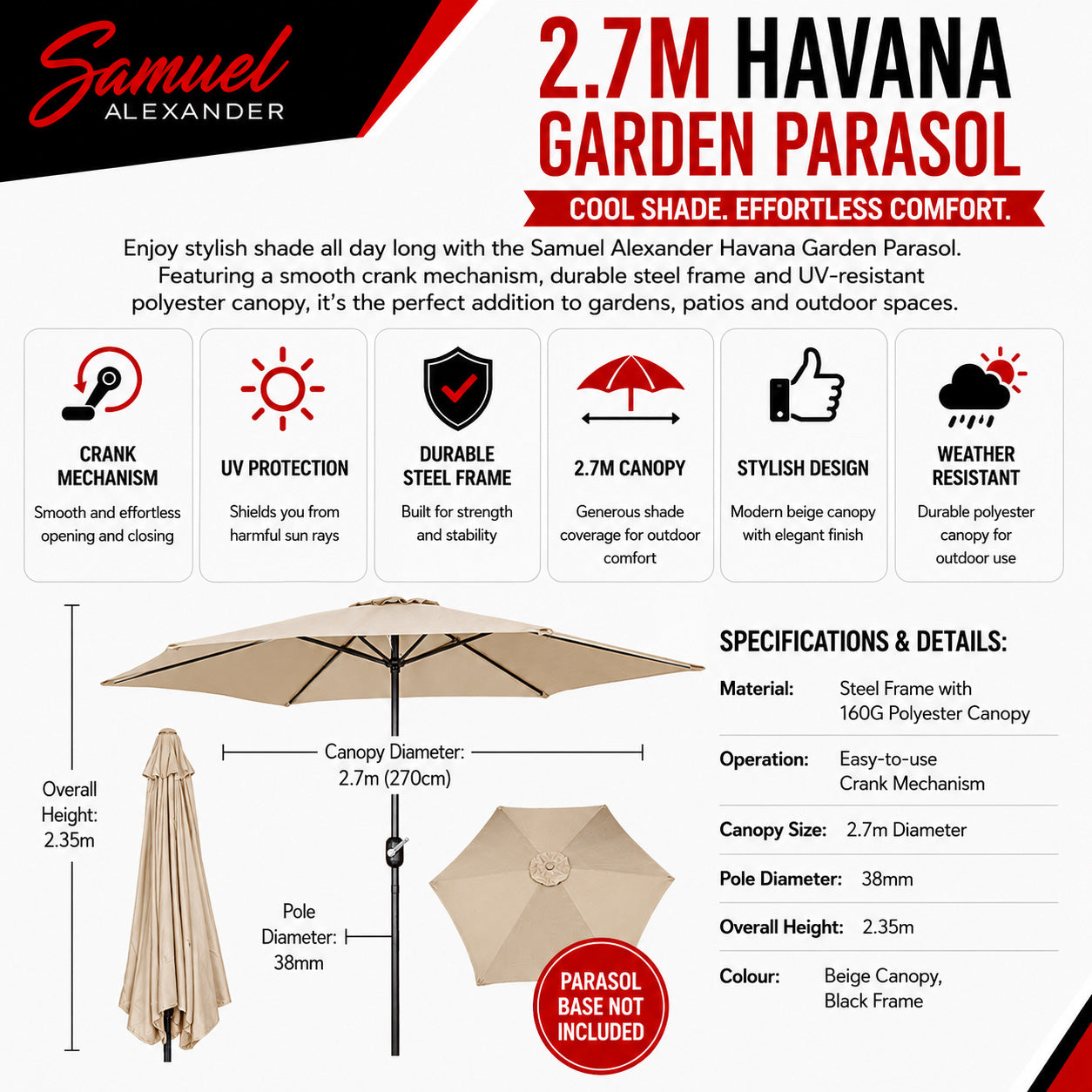 Samuel Alexander 2.7m Havana Garden Patio Parasol with Crank Handle in Beige