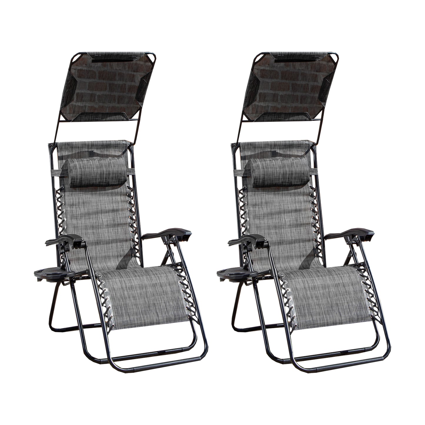 Pack of 2 Multi Position Garden Gravity Relaxer Chair Sun Loungers with Sun Canopy in Grey