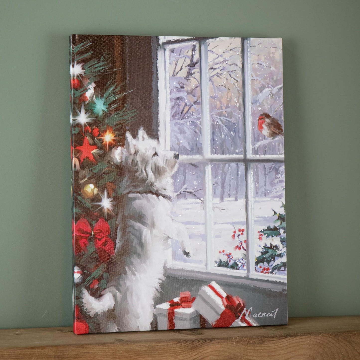 40cm x 30cm Battery Operated Light up Fibre Optic Christmas Dog & Robin Wall Art