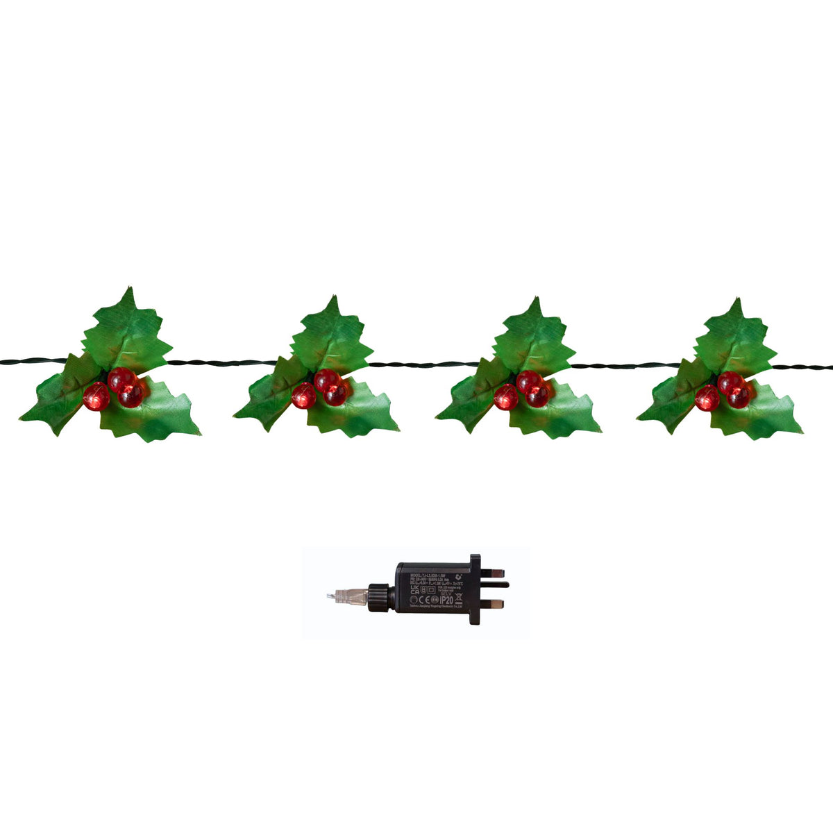 2.8m Light up Christmas Holly Garland with Red Berries and 40 Red LEDs