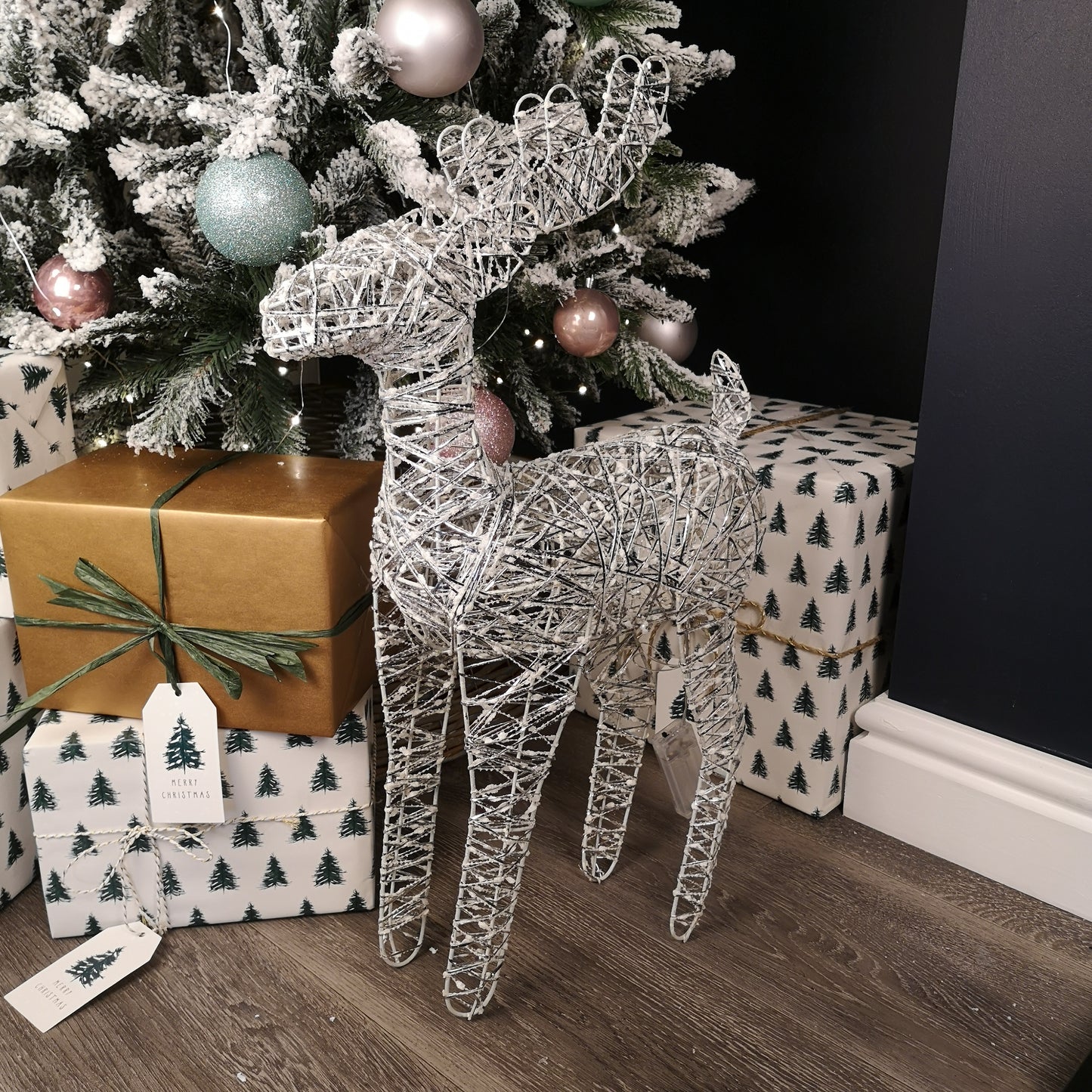 60cm Battery Operated Silver Woven Reindeer Christmas Decoration with 20 Warm White LEDs
