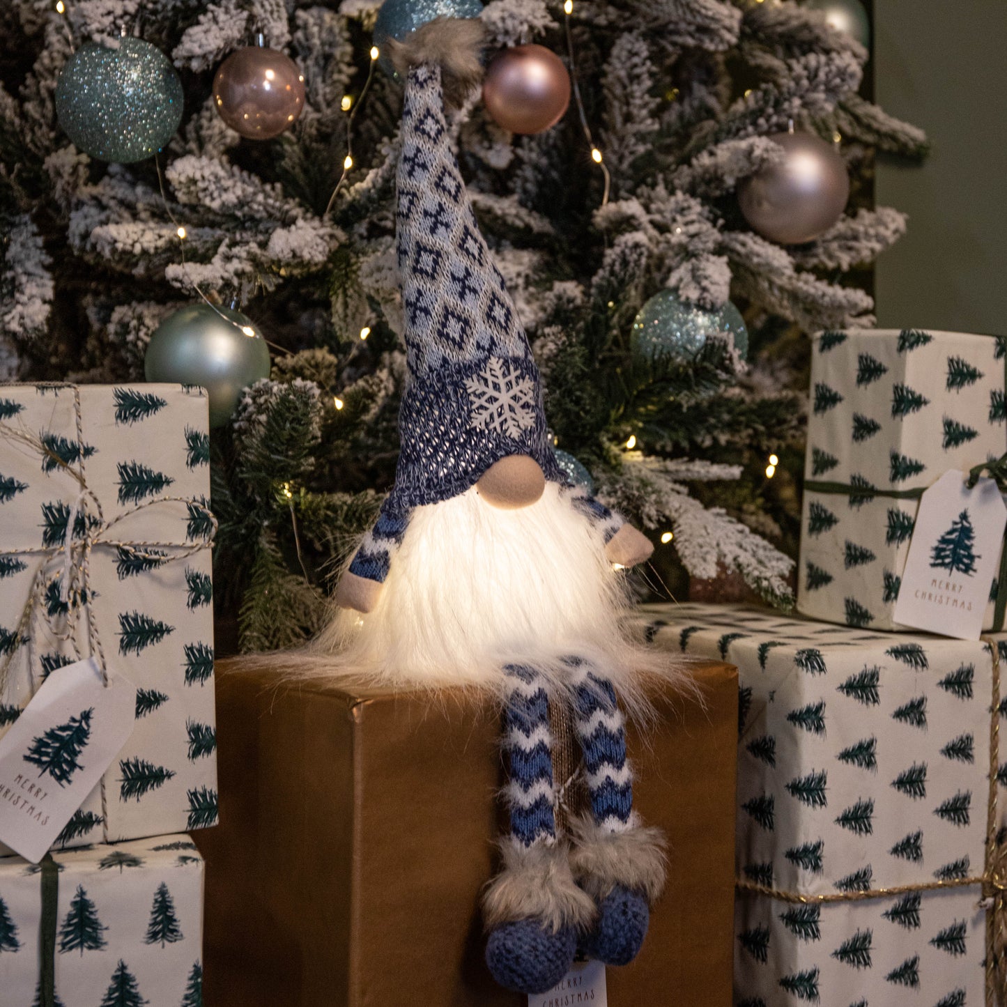 55cm Battery Operated Light up Blue Christmas Gonk with Dangly Legs & Snowflake Hat