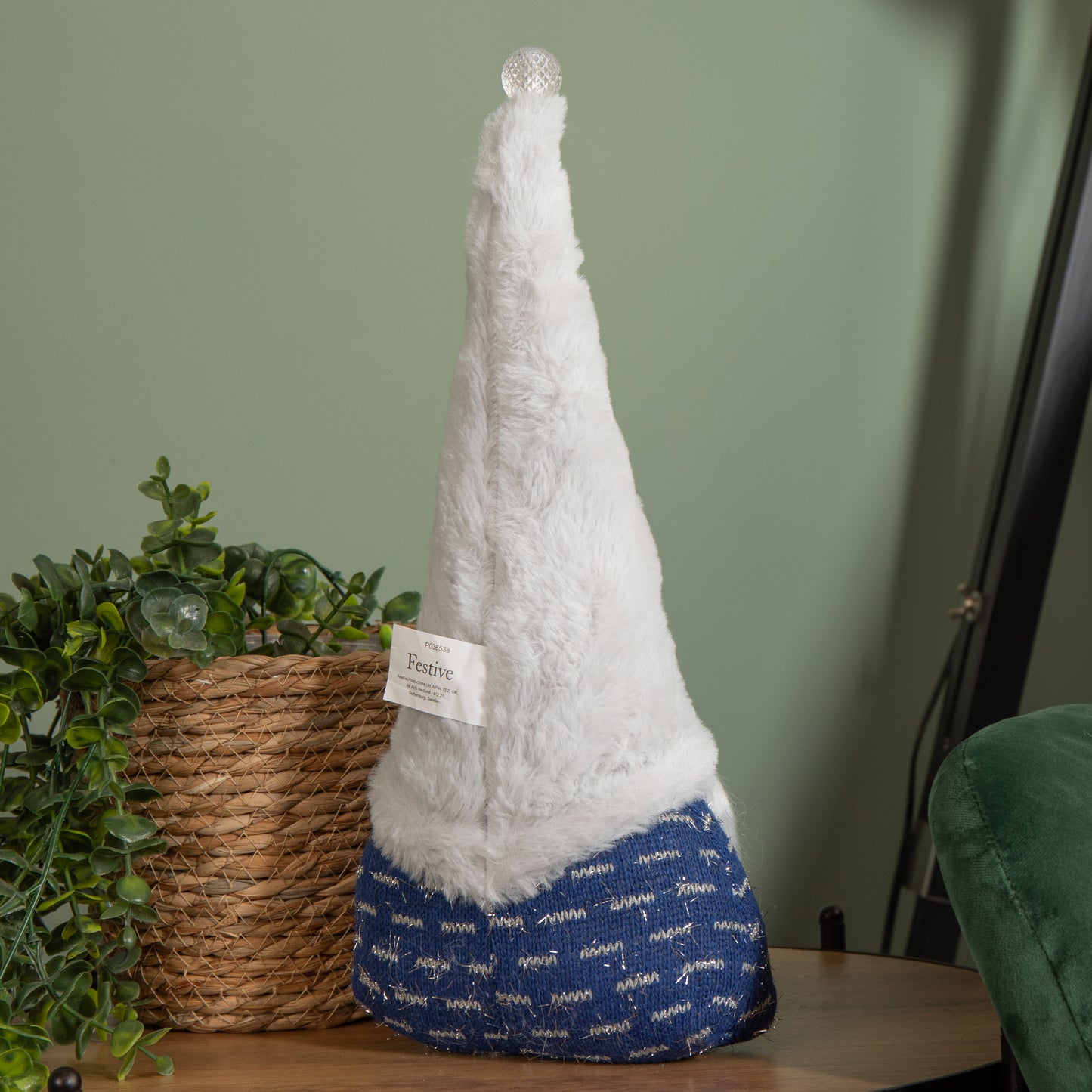 35cm Festive Christmas Sitting Light Up Lit Gonk with Grey Hat and Blue Body