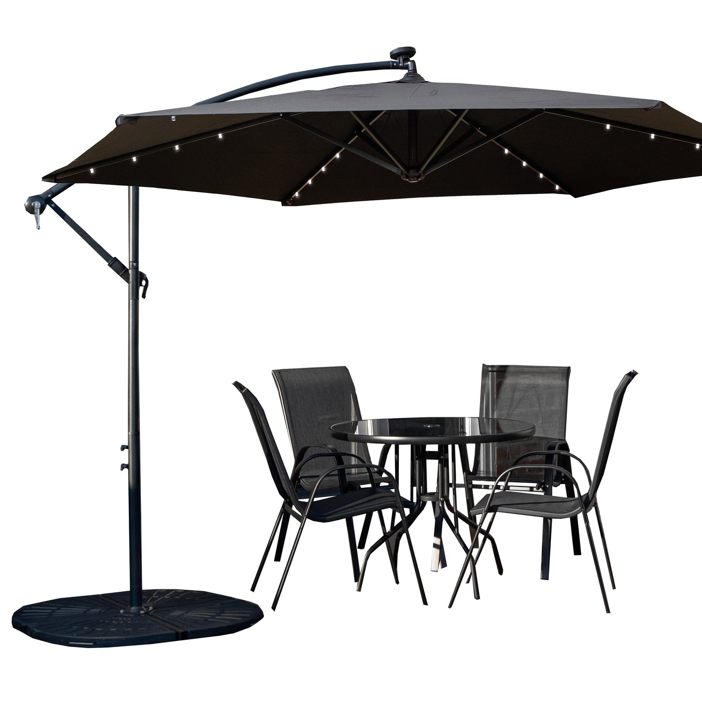 Outdoor 4 Person Round Glass Top Garden Dining Table Chairs With Black Banana Lit Parasol and Base