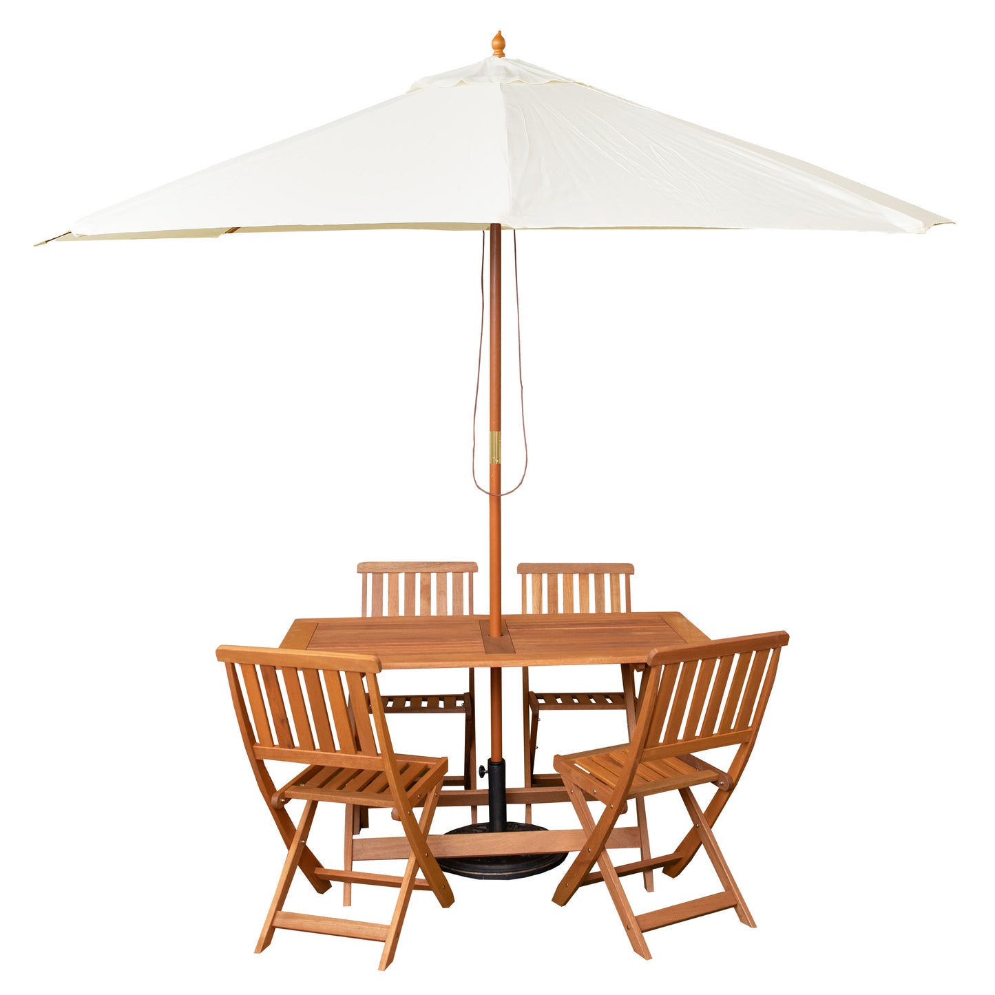 Outdoor 4 Person Folding Rectangular Wooden Garden Dining Table Chairs Cream Parasol and Base Set