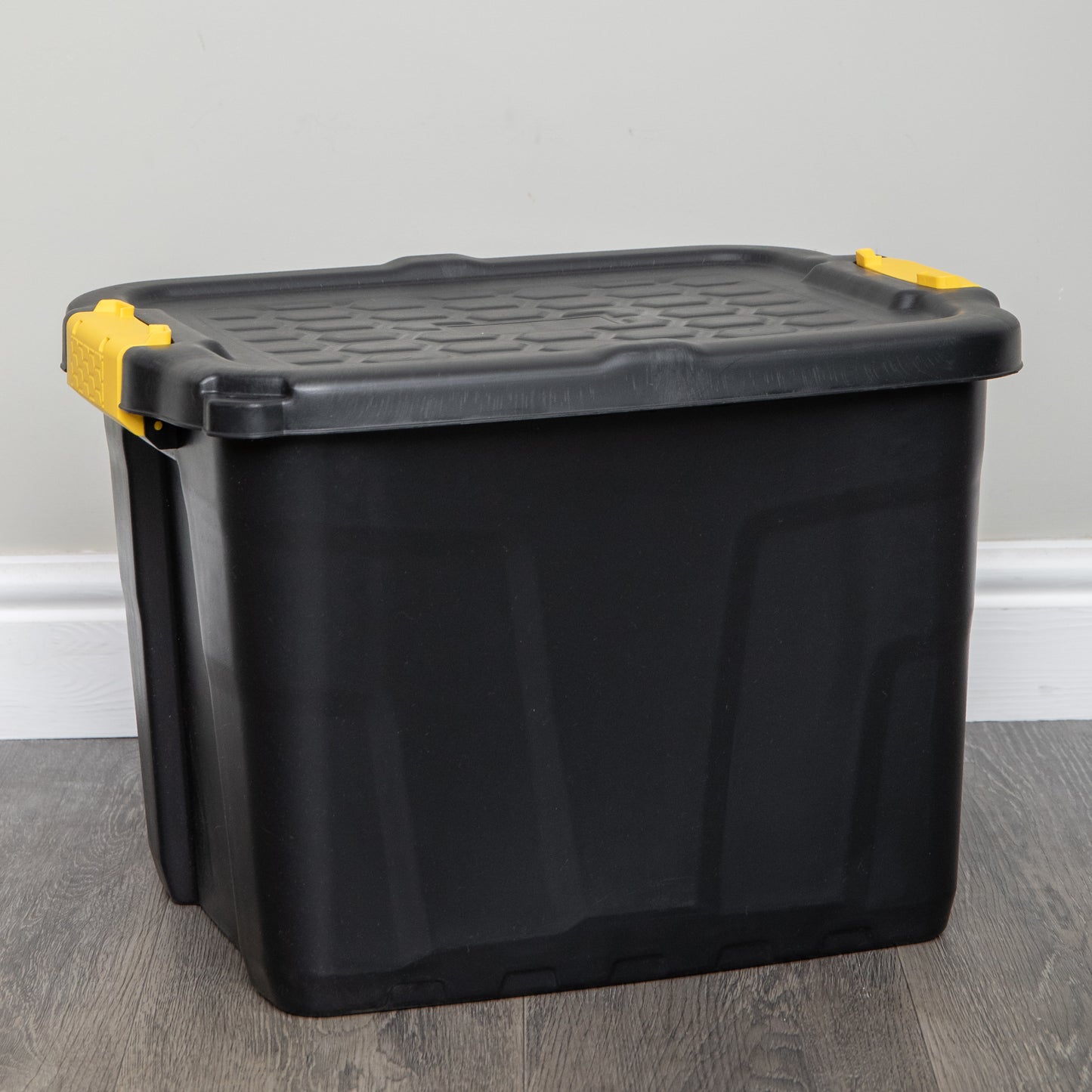 4 x 42L Heavy Duty Storage Tubs Sturdy, Lockable, Stackable and Nestable Design Storage Chests with Clips in Black