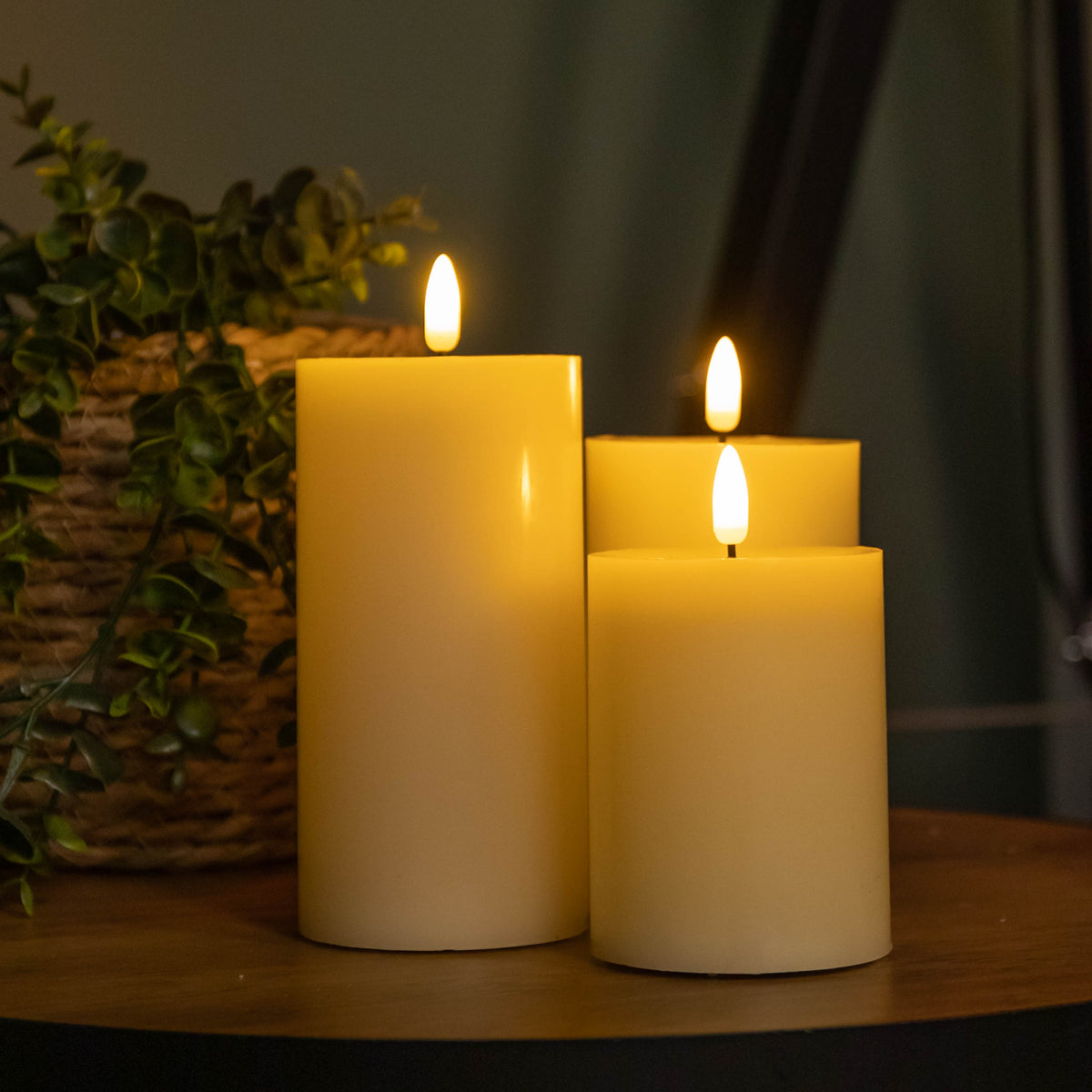 Set of 3 Cream Wax Melted Pool Effect Candles with Timer Function and Warm White LEDs