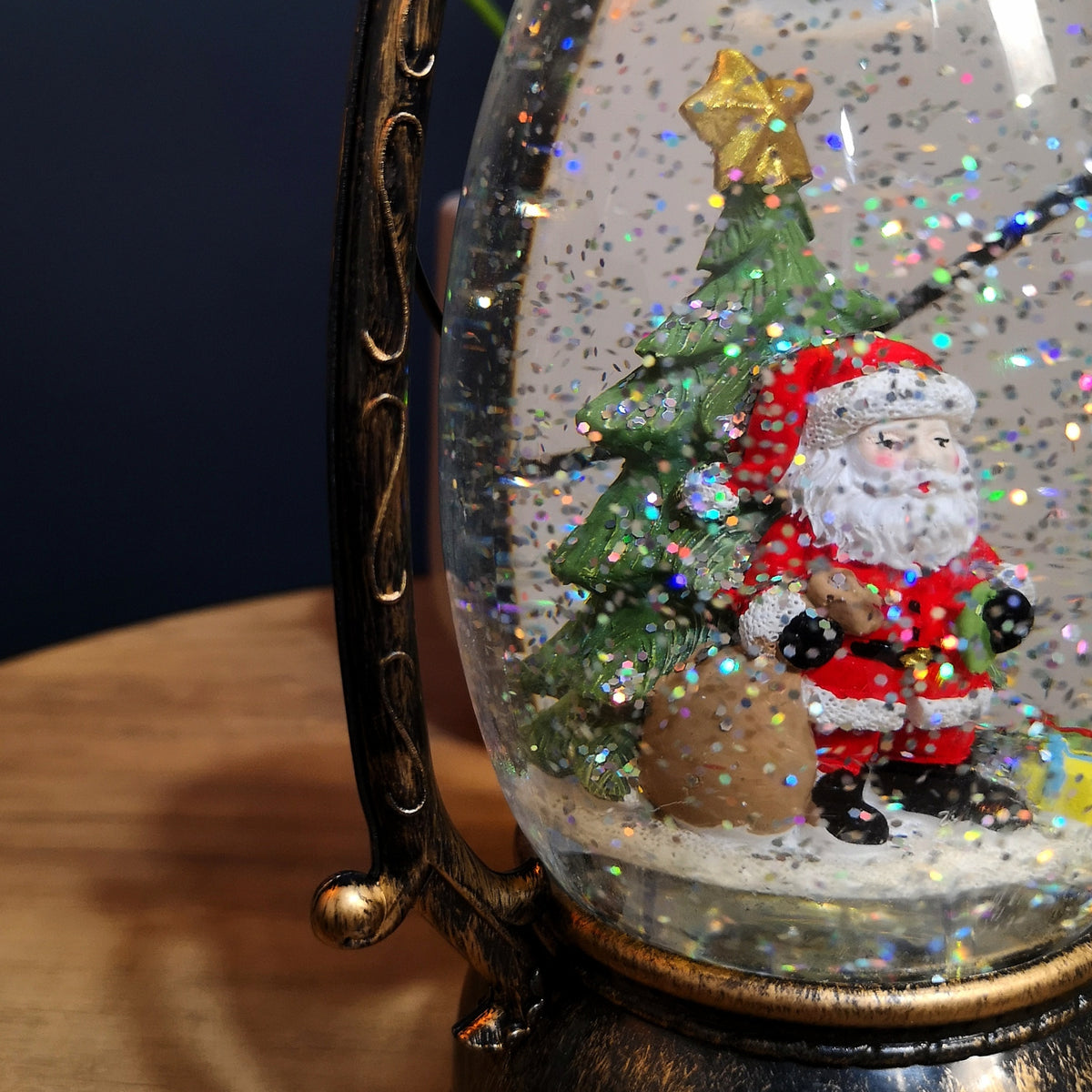 24cm LED Christmas Glitter Water Spinner Antique Lantern Snowy Santa Scene