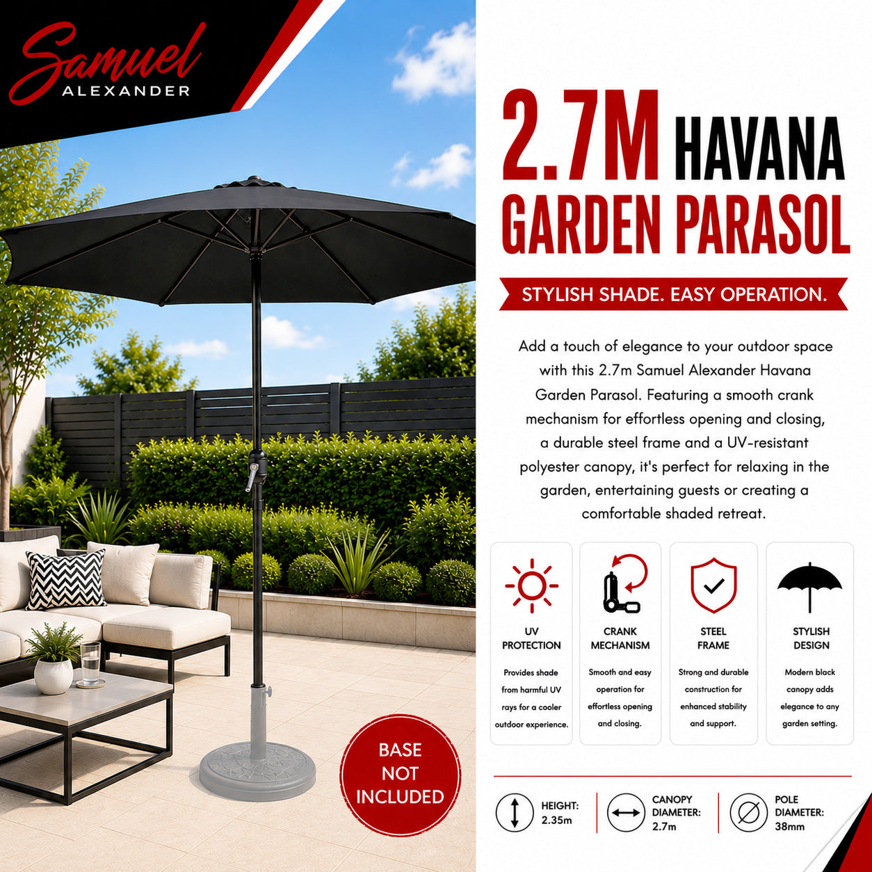 Samuel Alexander 2.7m Havana Garden Patio Parasol with Crank Handle in Black