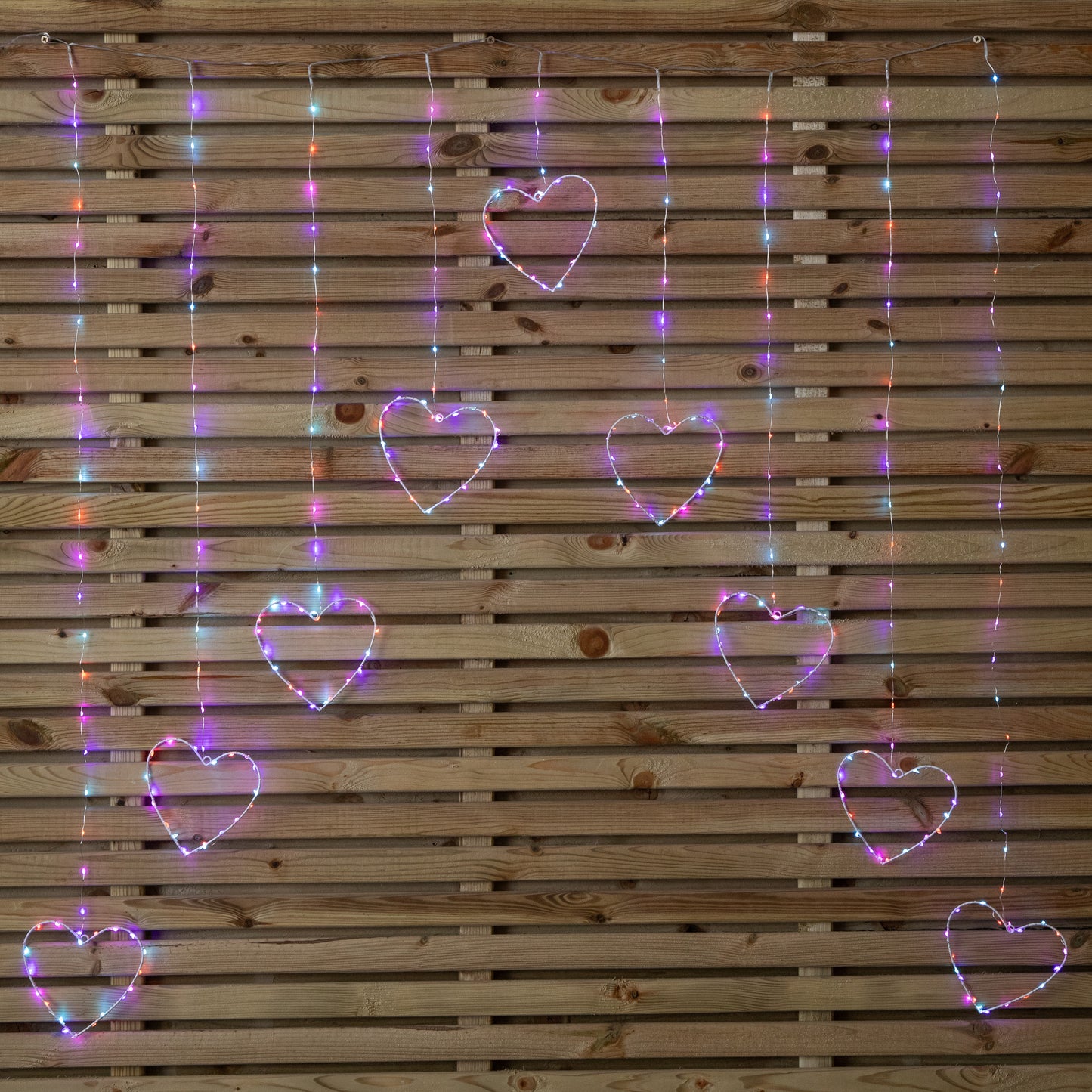 1.2m Premier Christmas Static Heart LED Silver Pin Wire V Curtain Lights in Rainbow