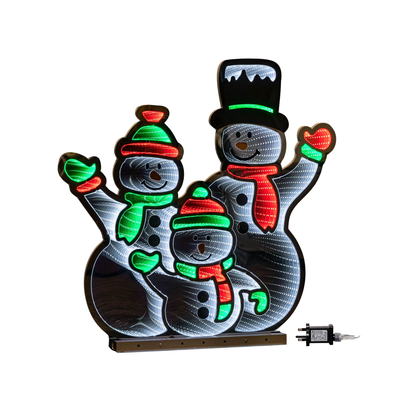 65cm Infinity Standing Snowmen Family on Metal Base with White, Red & Green LEDs