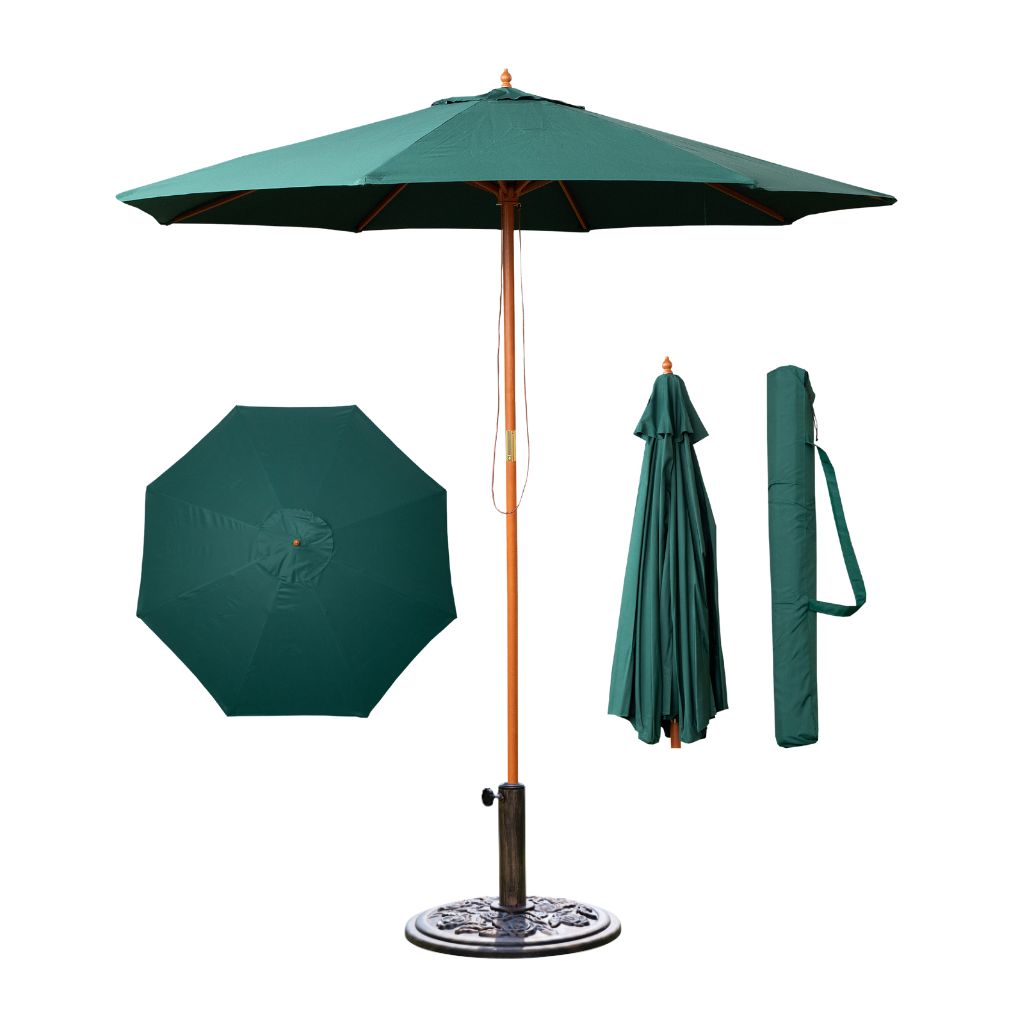 2.7m Outdoor Wooden Garden Parasol Sun Shade with Carry Bag in Green with 9kg Base Included