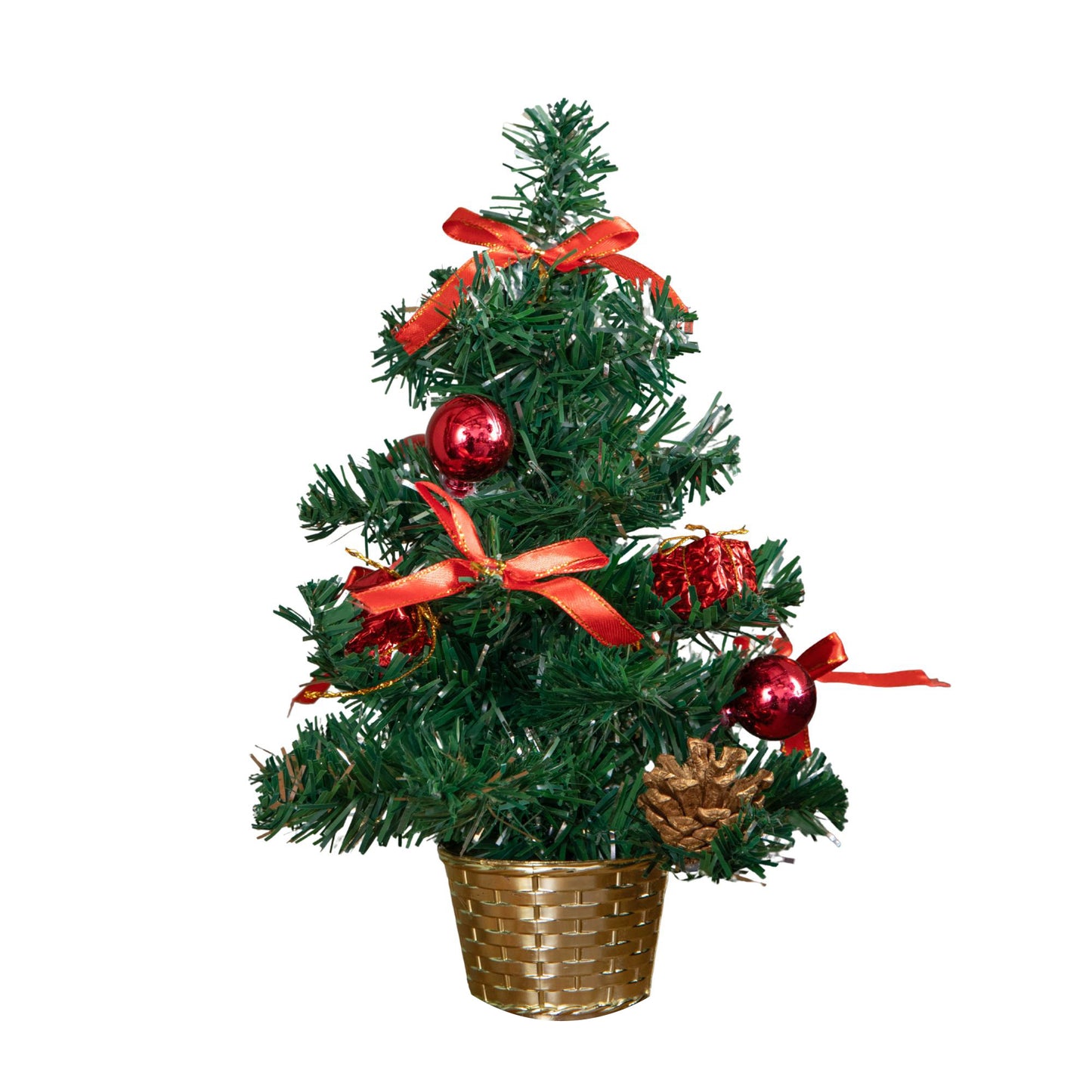 30cm Mini Pre-Decorated Christmas Tree in Gold Pot with Red Baubles