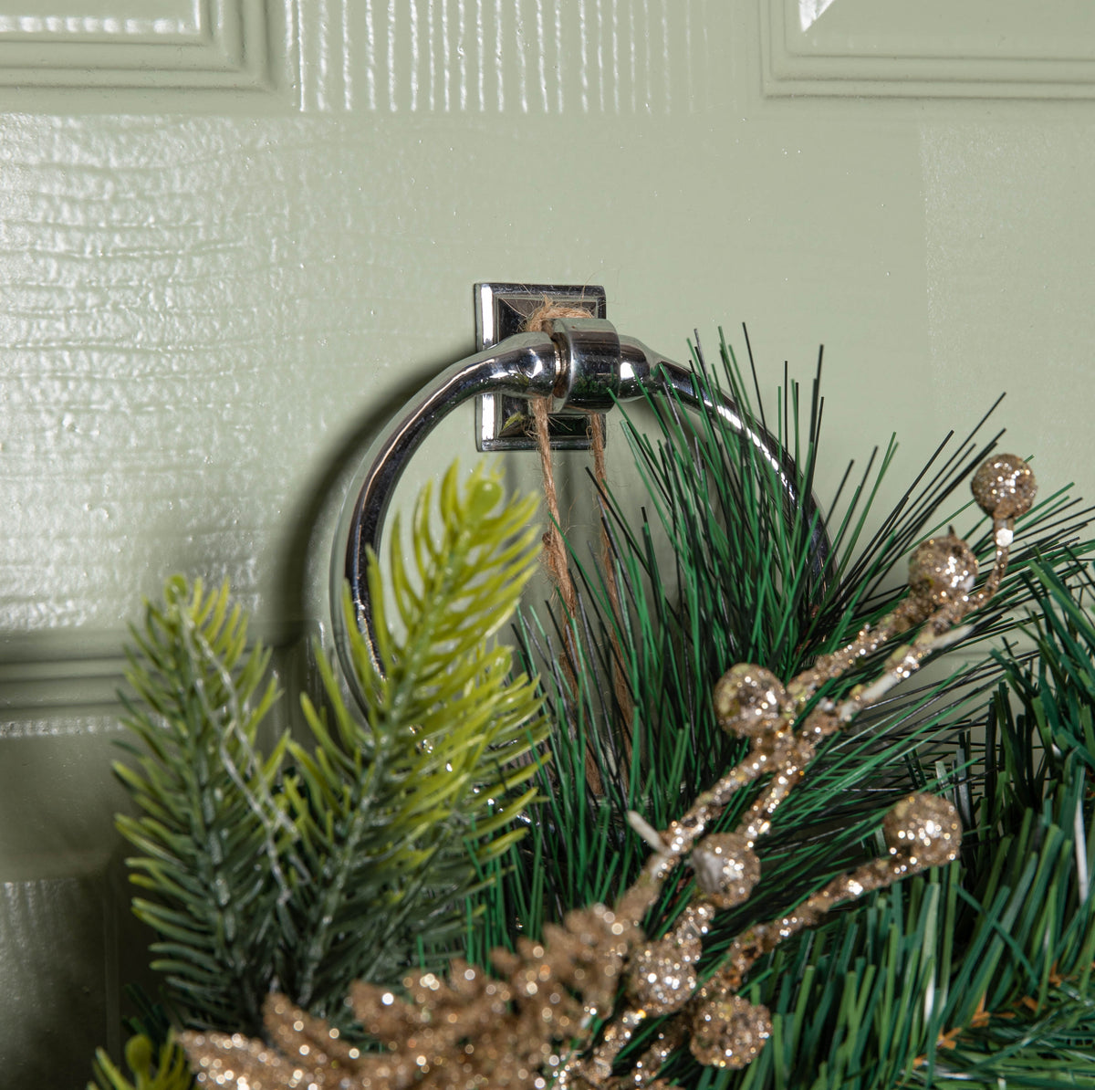 60cm Hanging Christmas Wreath with Gold Baubles, Pinecones & Glitter Berries