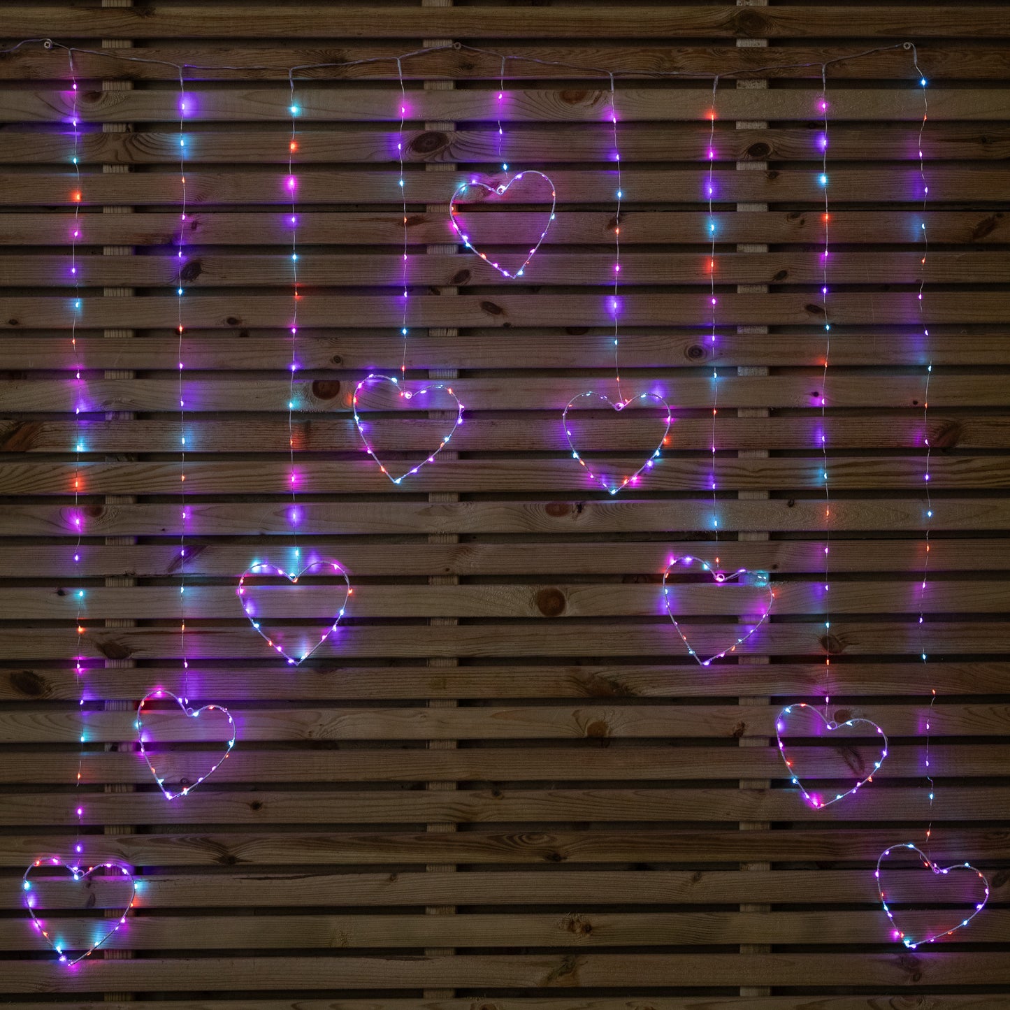 1.2m Premier Christmas Static Heart LED Silver Pin Wire V Curtain Lights in Rainbow