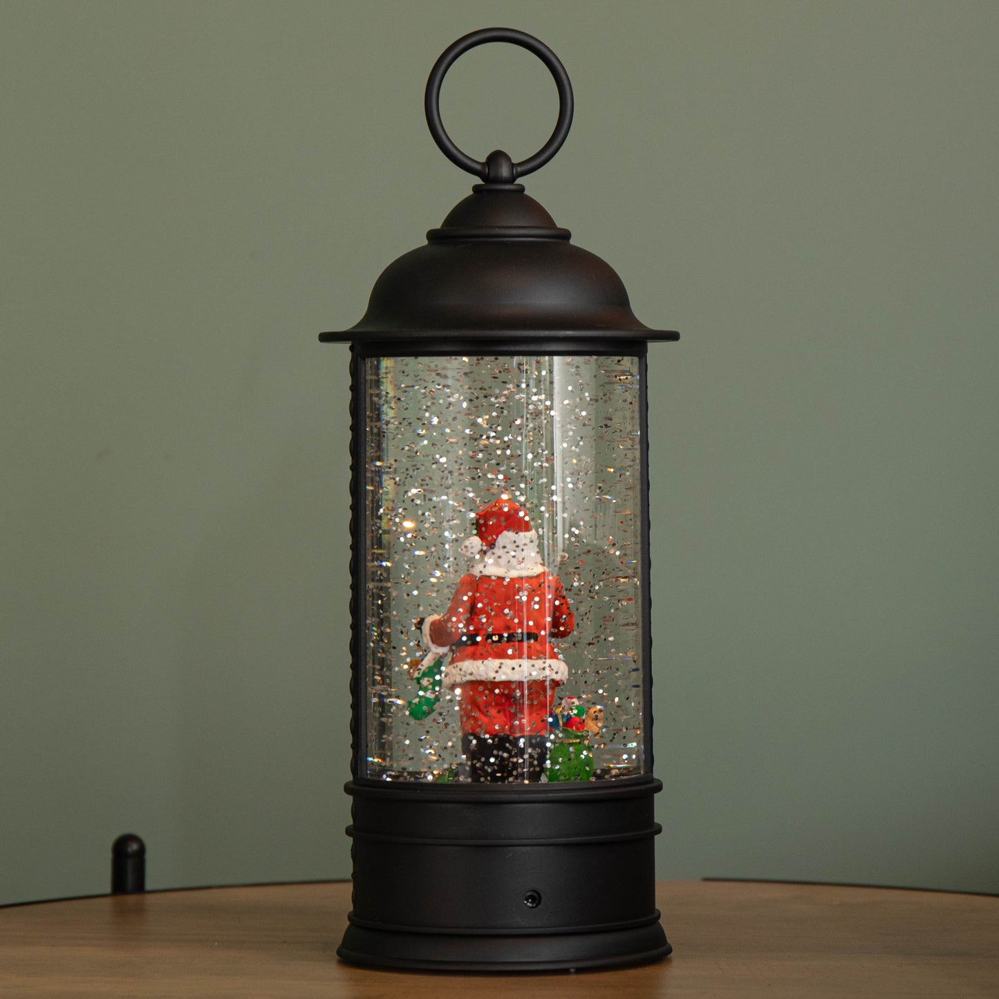 29cm Dual Power LED Christmas Glitter Water Spinner Black Lantern Santa Scene